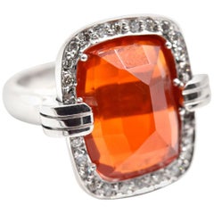 Mexican Fire Opal and Diamond Cocktail Ring 14 Karat White Gold