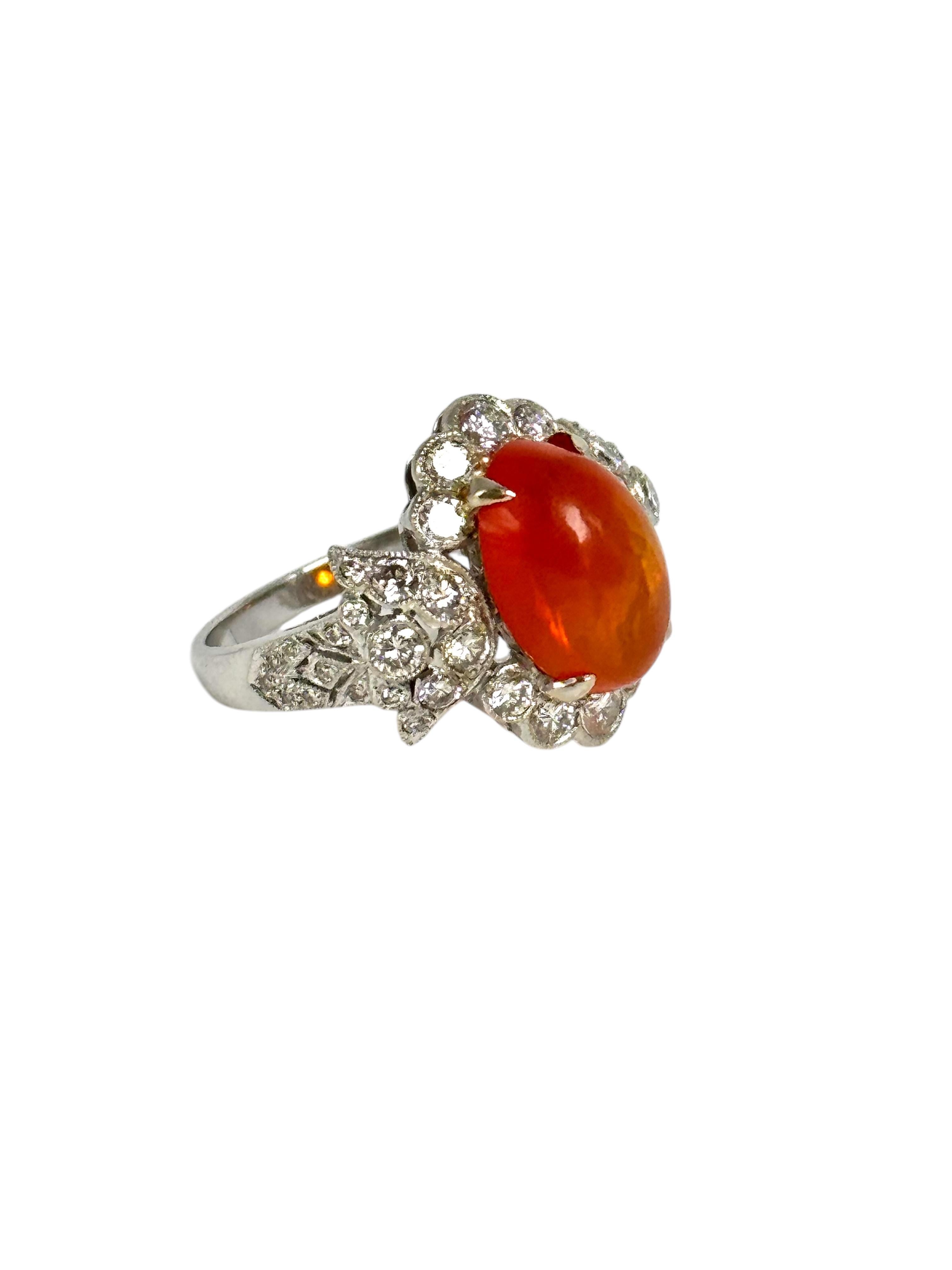 18K white gold Mexican Fire Opal and diamond ring. Opal is 3.55 carats