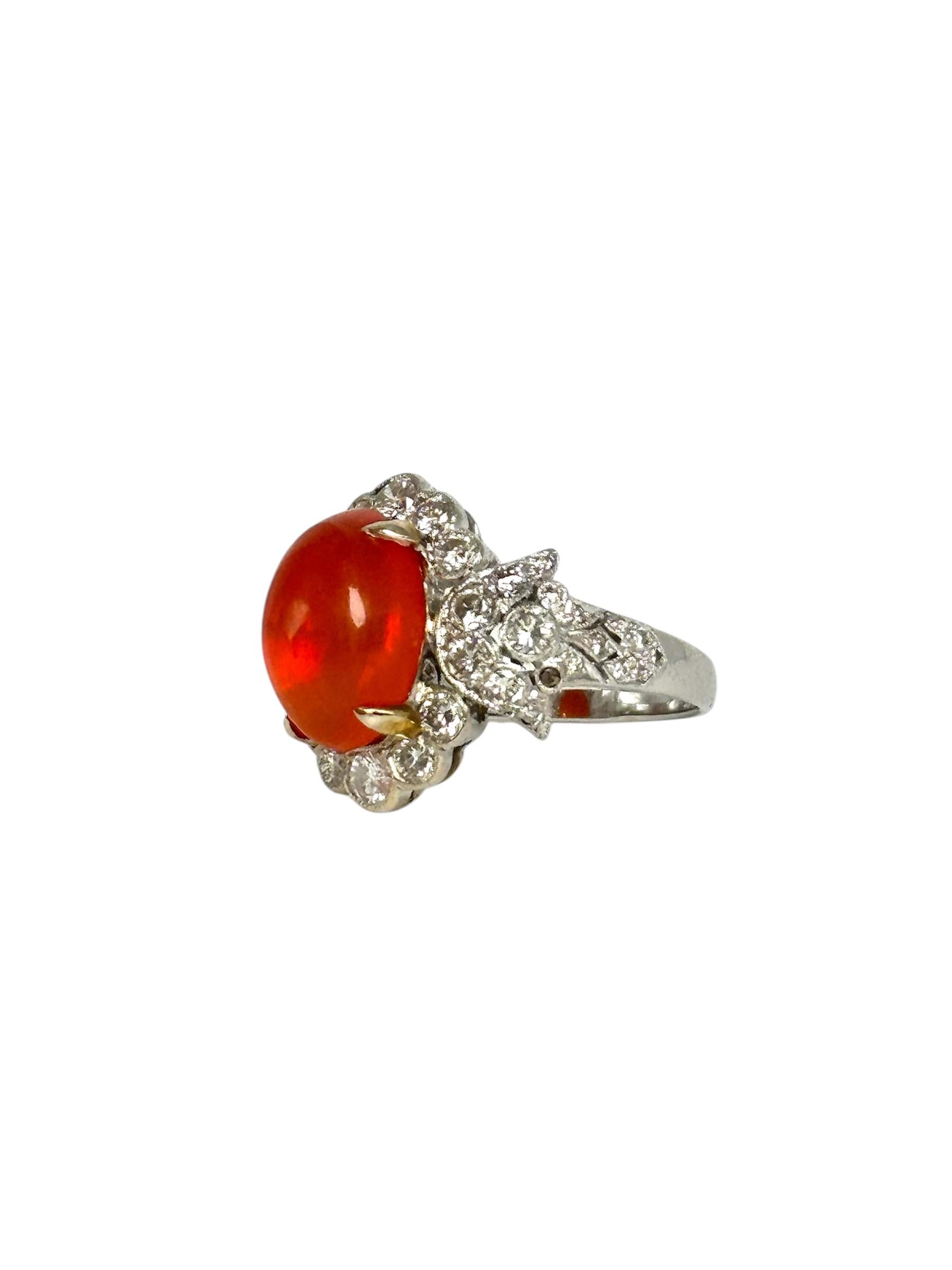 Cabochon 18K White Gold Mexican Fire Opal and Diamond Ring For Sale