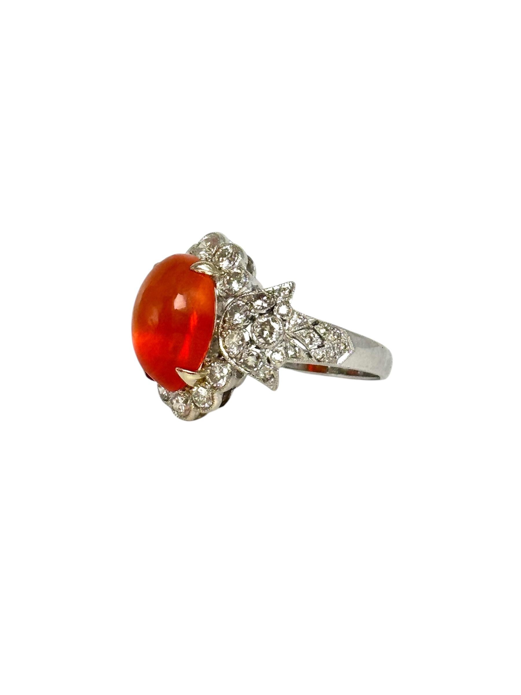 18K White Gold Mexican Fire Opal and Diamond Ring In Excellent Condition For Sale In Great Neck Plaza, NY
