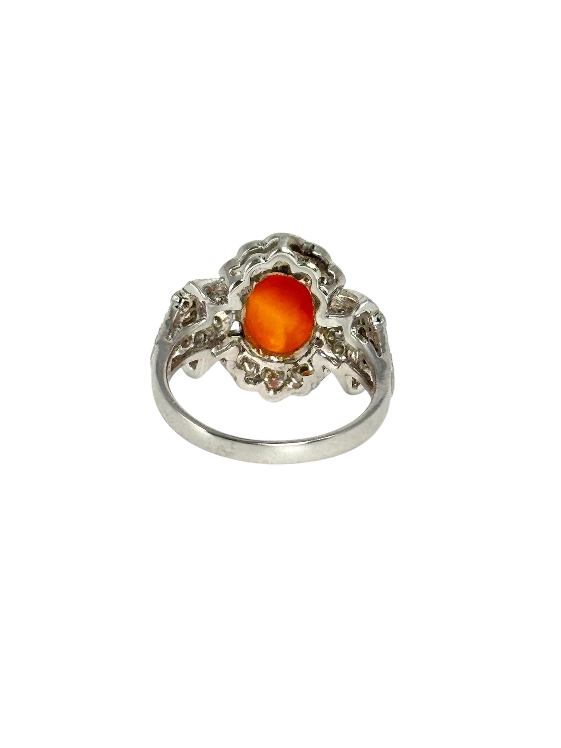 Women's 18K White Gold Mexican Fire Opal and Diamond Ring For Sale