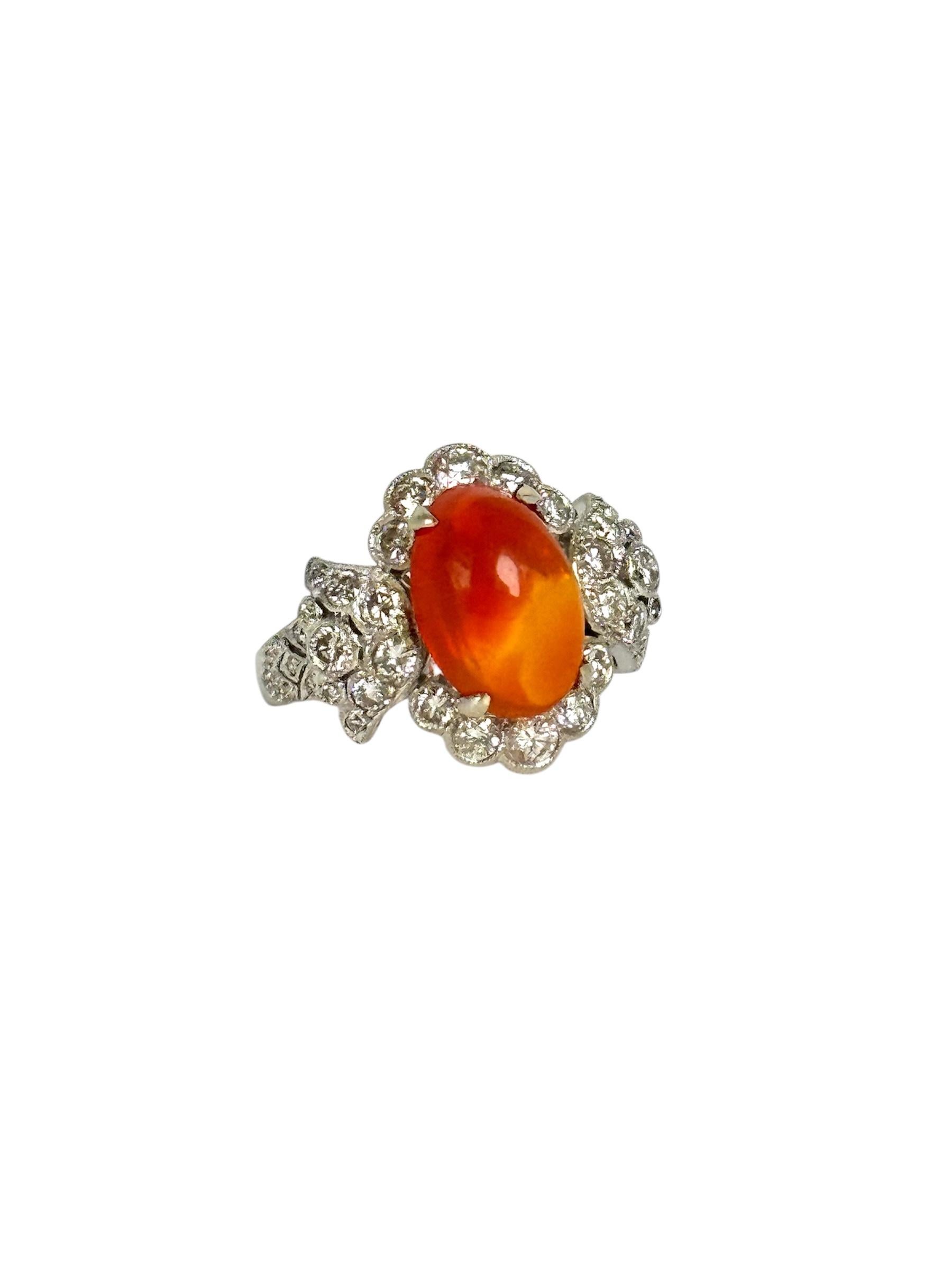 18K White Gold Mexican Fire Opal and Diamond Ring For Sale 1