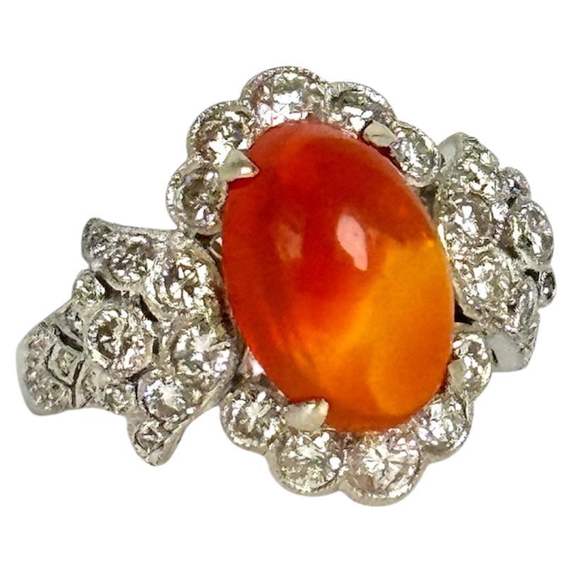 18K White Gold Mexican Fire Opal and Diamond Ring