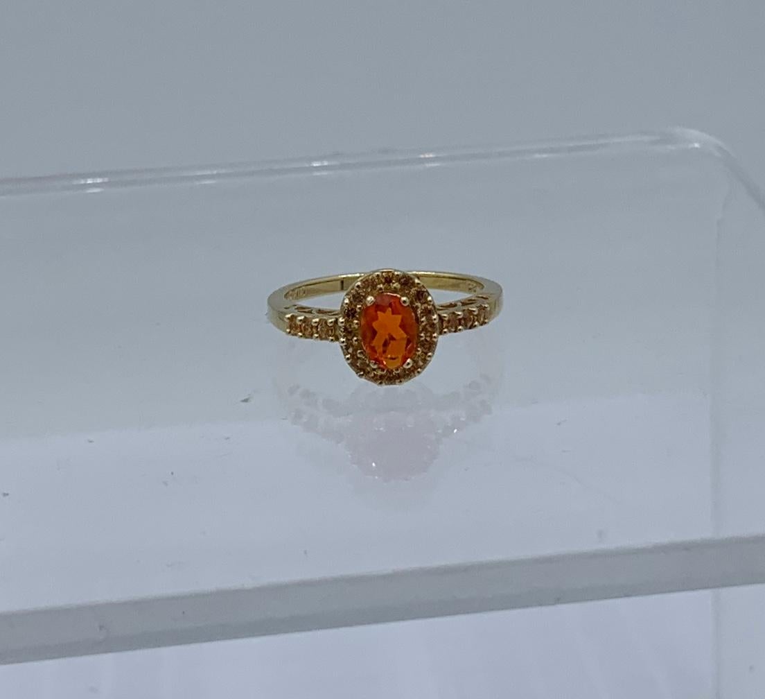 Mexican Fire Opal Citrine Halo Ring 14K Gold Wedding Engagement Stacking Ring In Excellent Condition In New York, NY