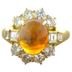Mexican Fire Opal Diamond 18k Yellow Gold Ring