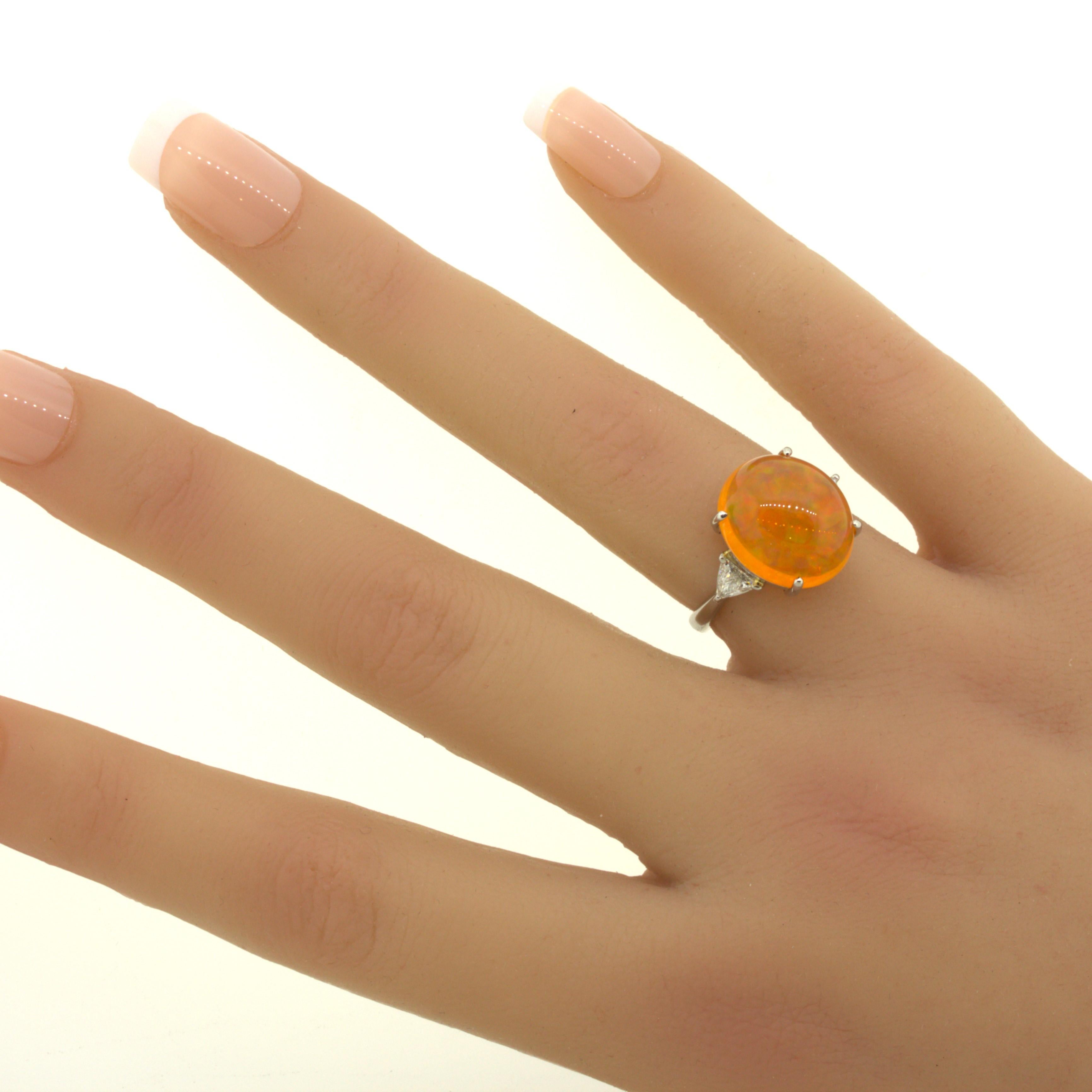 Mexican Fire Opal Diamond 3-Stone Platinum Ring 5
