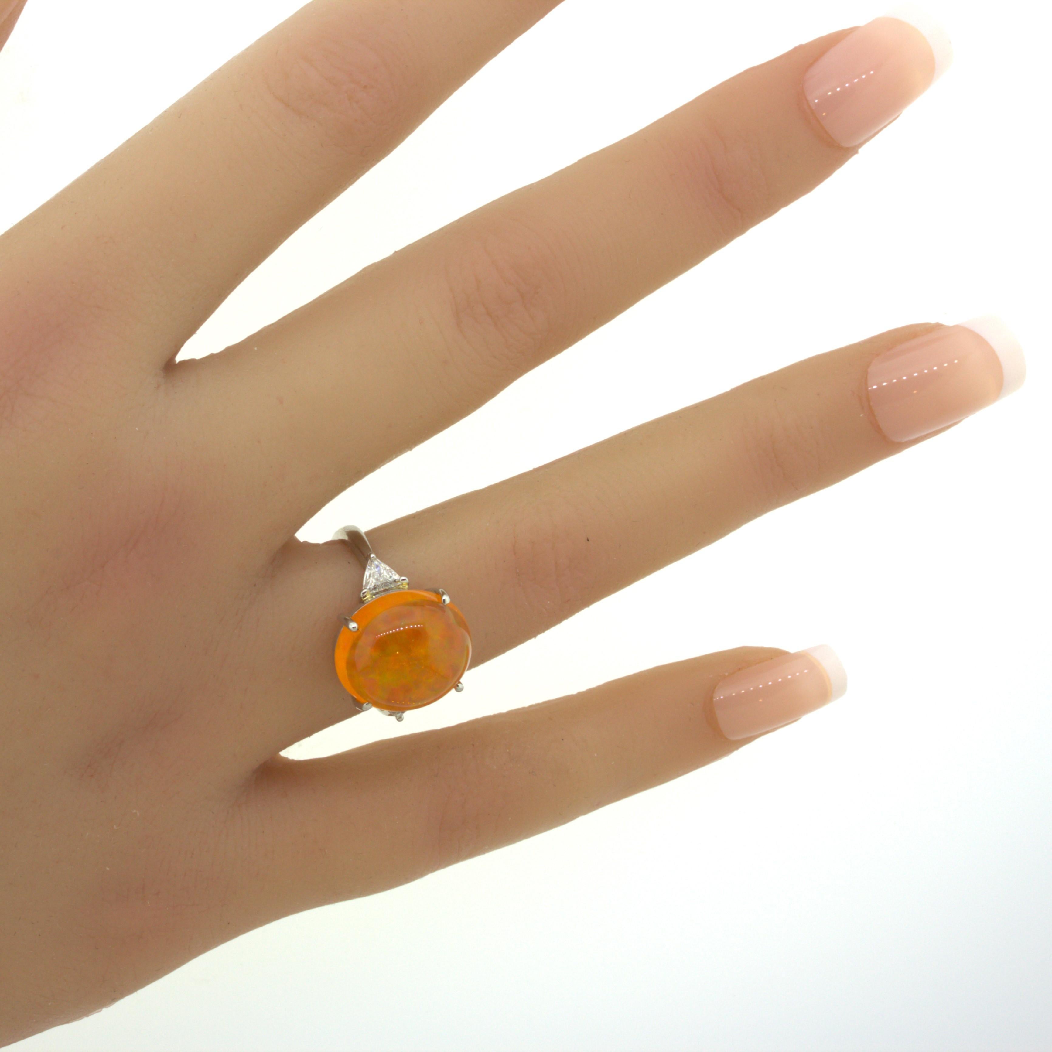 Mexican Fire Opal Diamond 3-Stone Platinum Ring 6