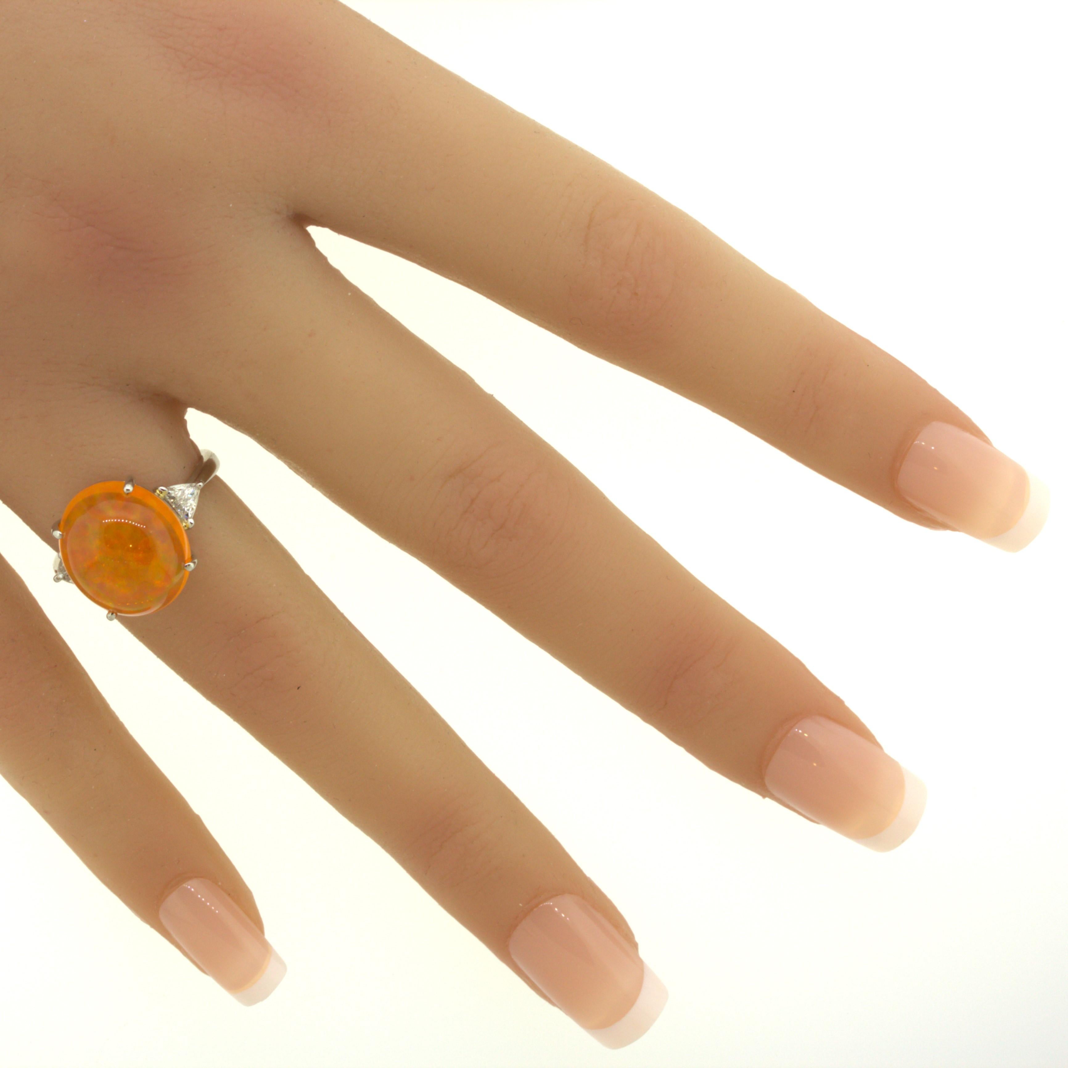 Mexican Fire Opal Diamond 3-Stone Platinum Ring 7