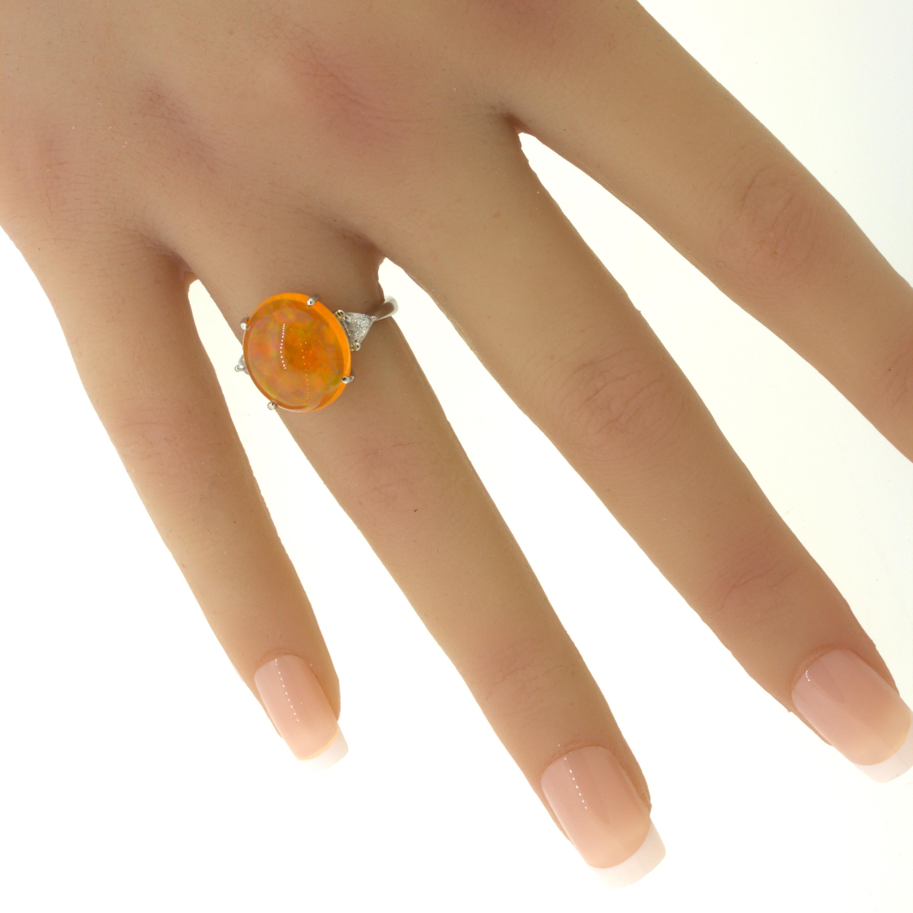 Mexican Fire Opal Diamond 3-Stone Platinum Ring 8