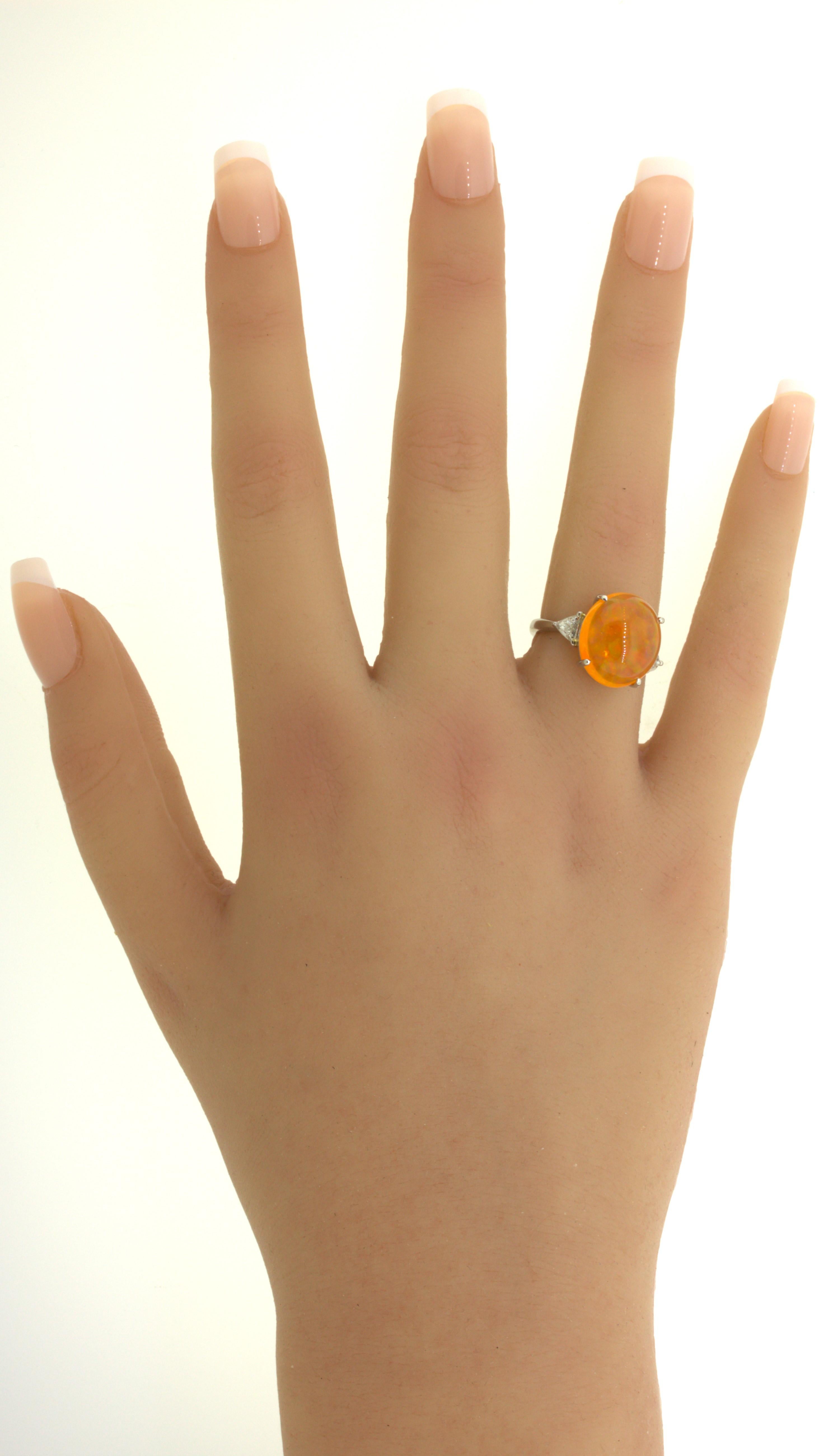 Mexican Fire Opal Diamond 3-Stone Platinum Ring 9