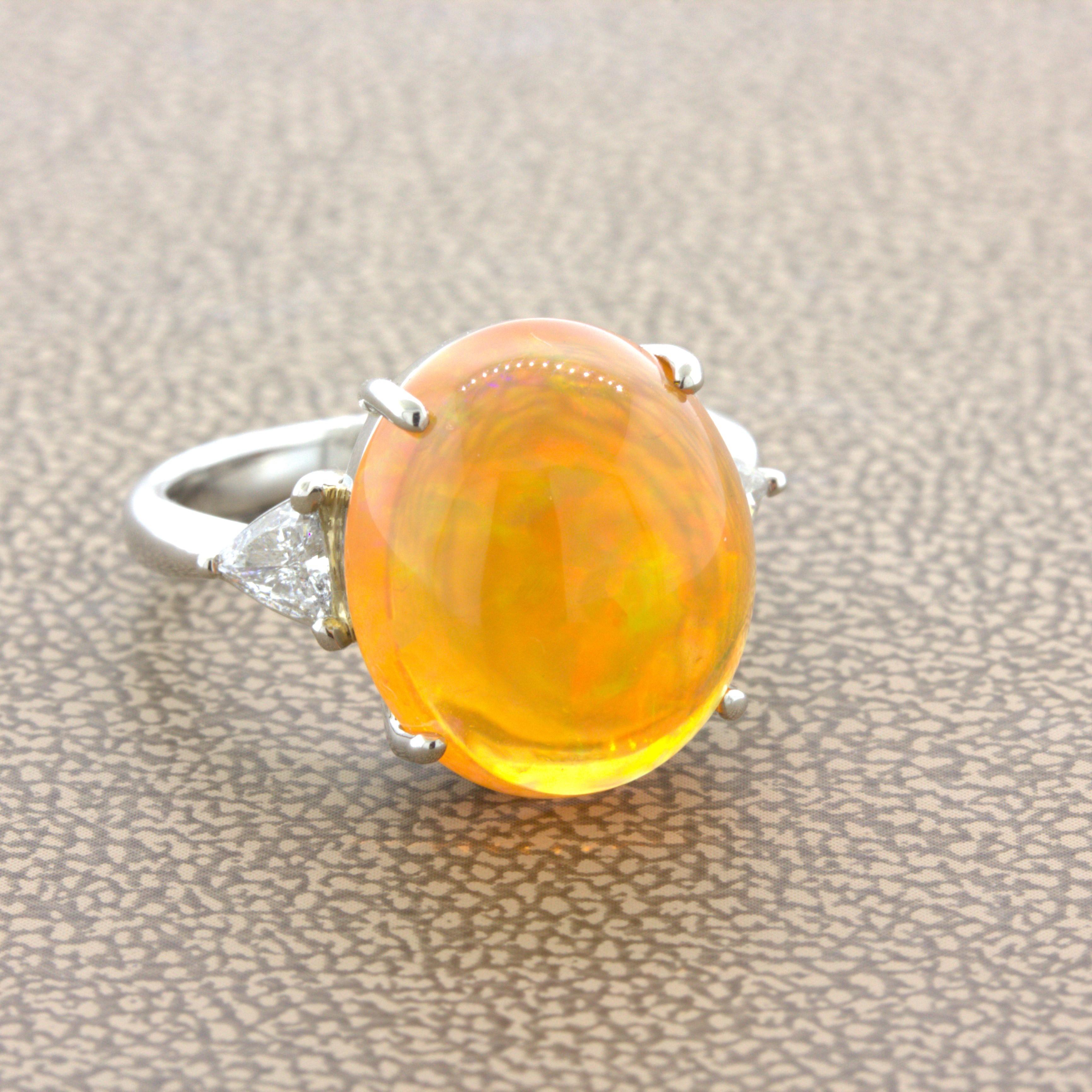 Cabochon Mexican Fire Opal Diamond 3-Stone Platinum Ring