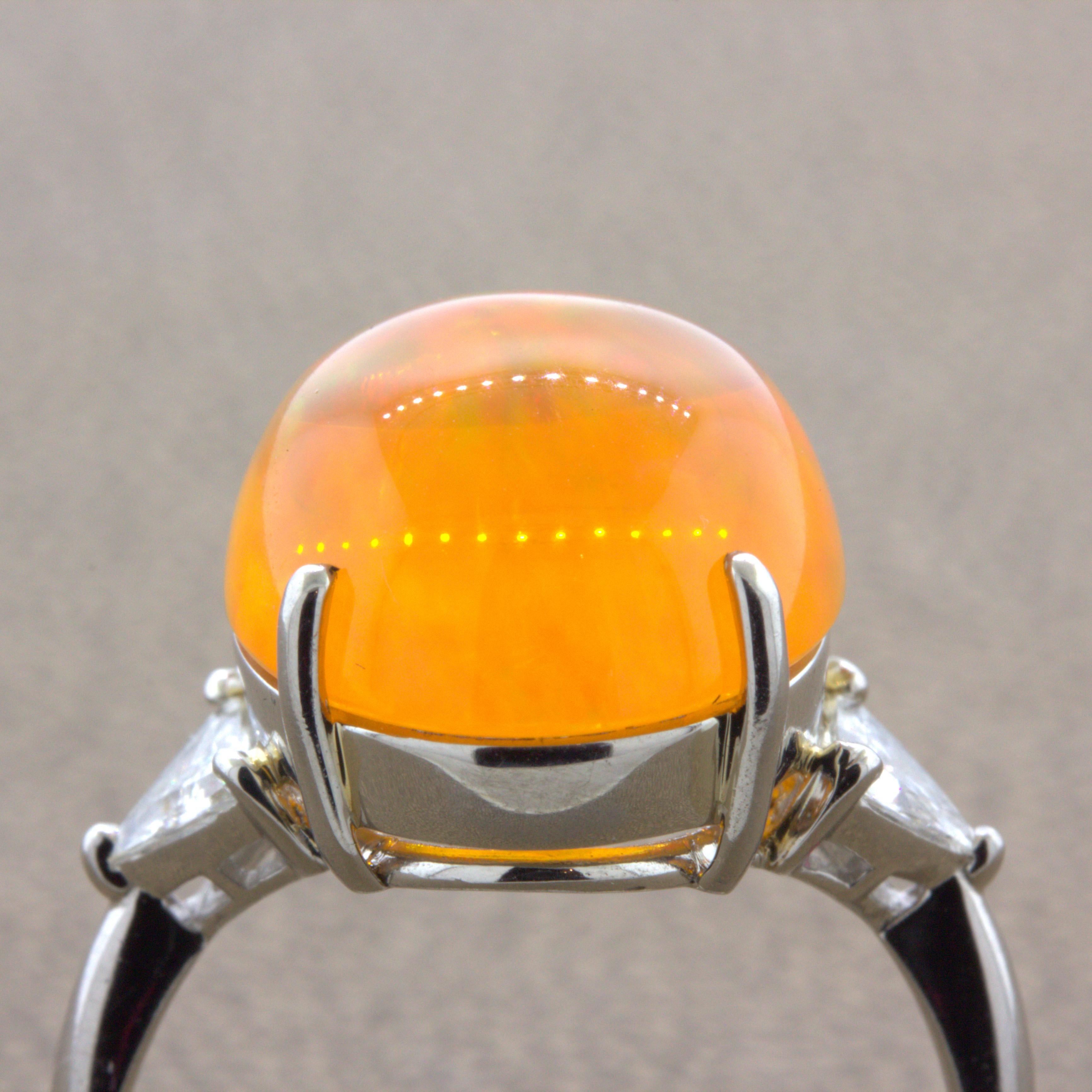 Mexican Fire Opal Diamond 3-Stone Platinum Ring 1