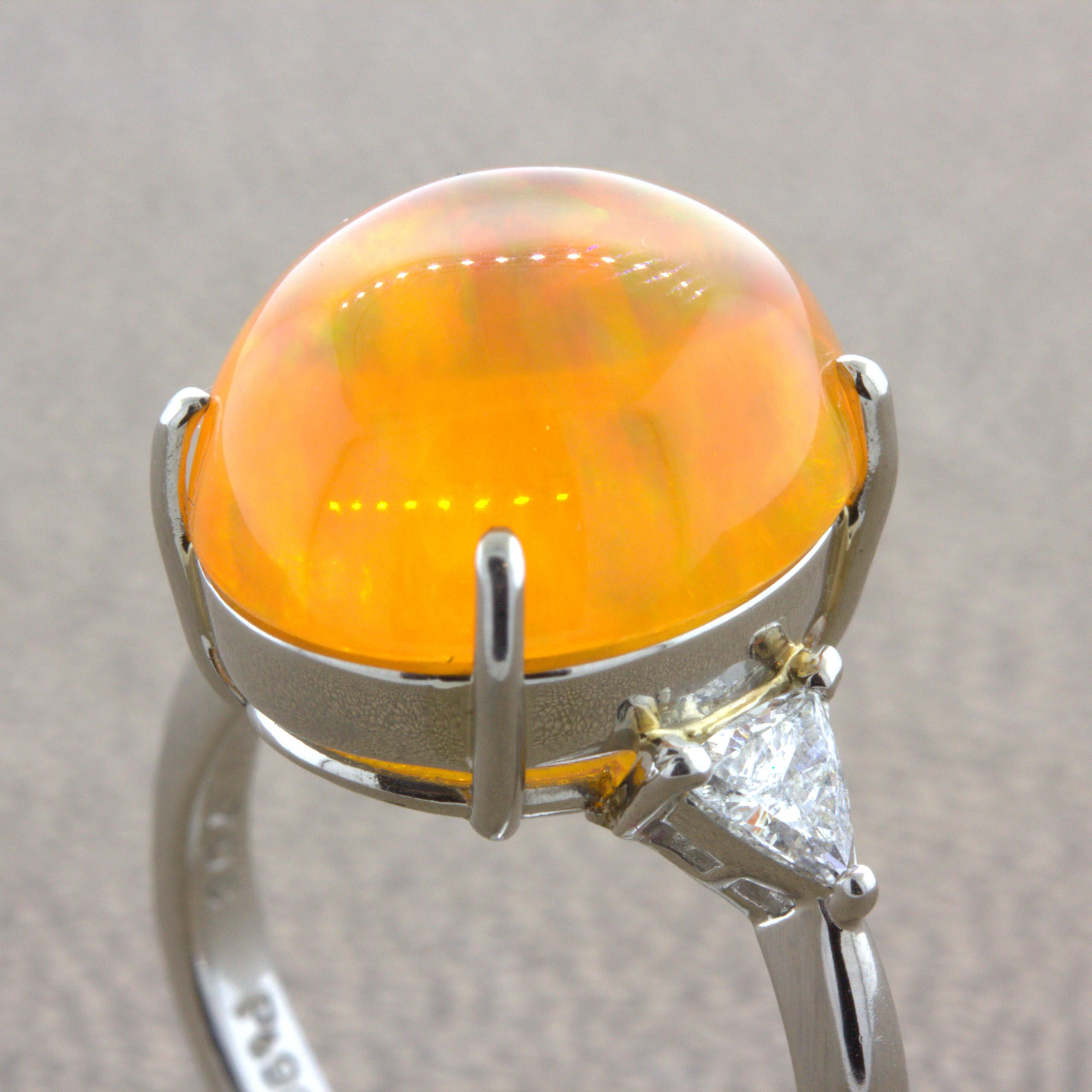Mexican Fire Opal Diamond 3-Stone Platinum Ring 2