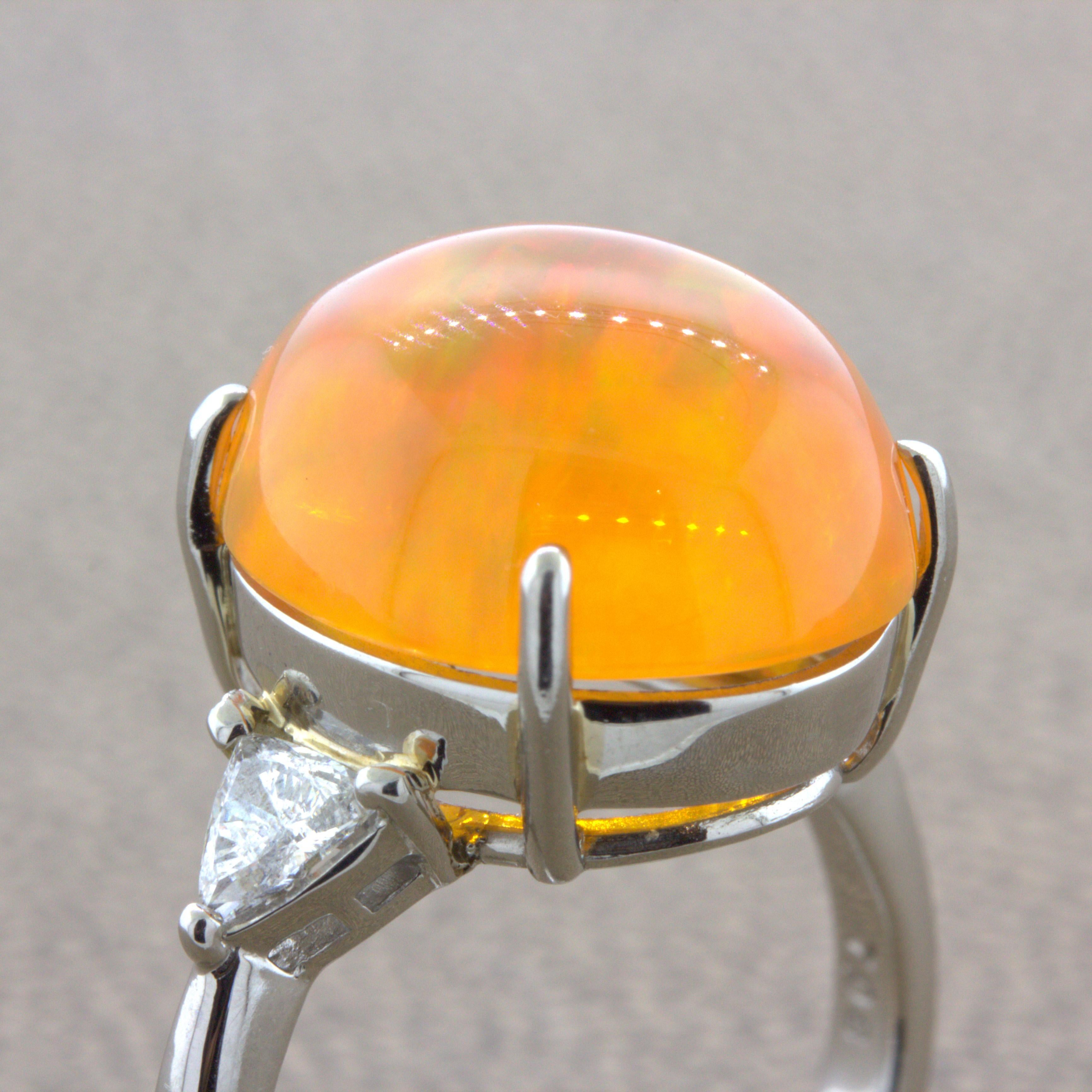 Mexican Fire Opal Diamond 3-Stone Platinum Ring 3