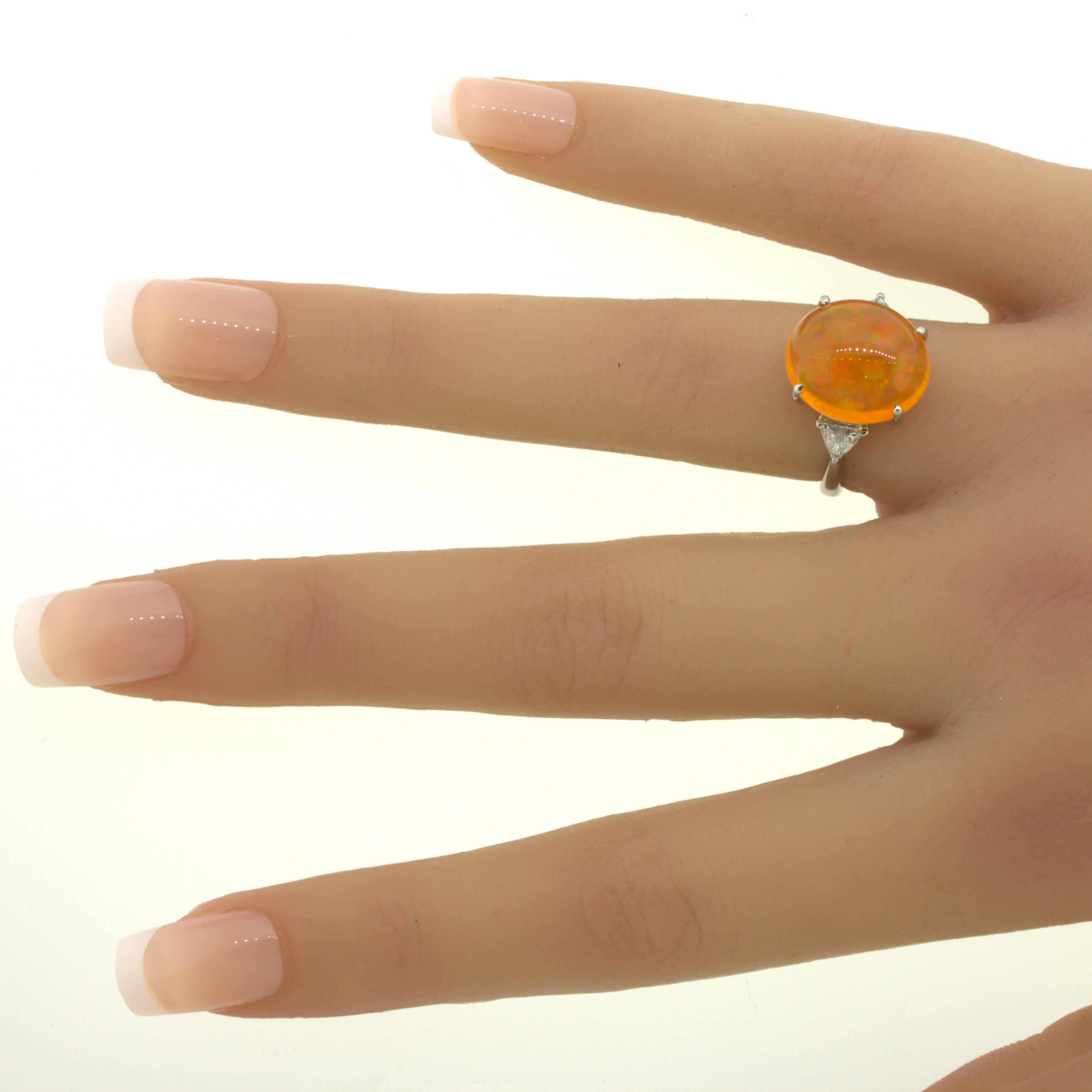 Mexican Fire Opal Diamond 3-Stone Platinum Ring 4