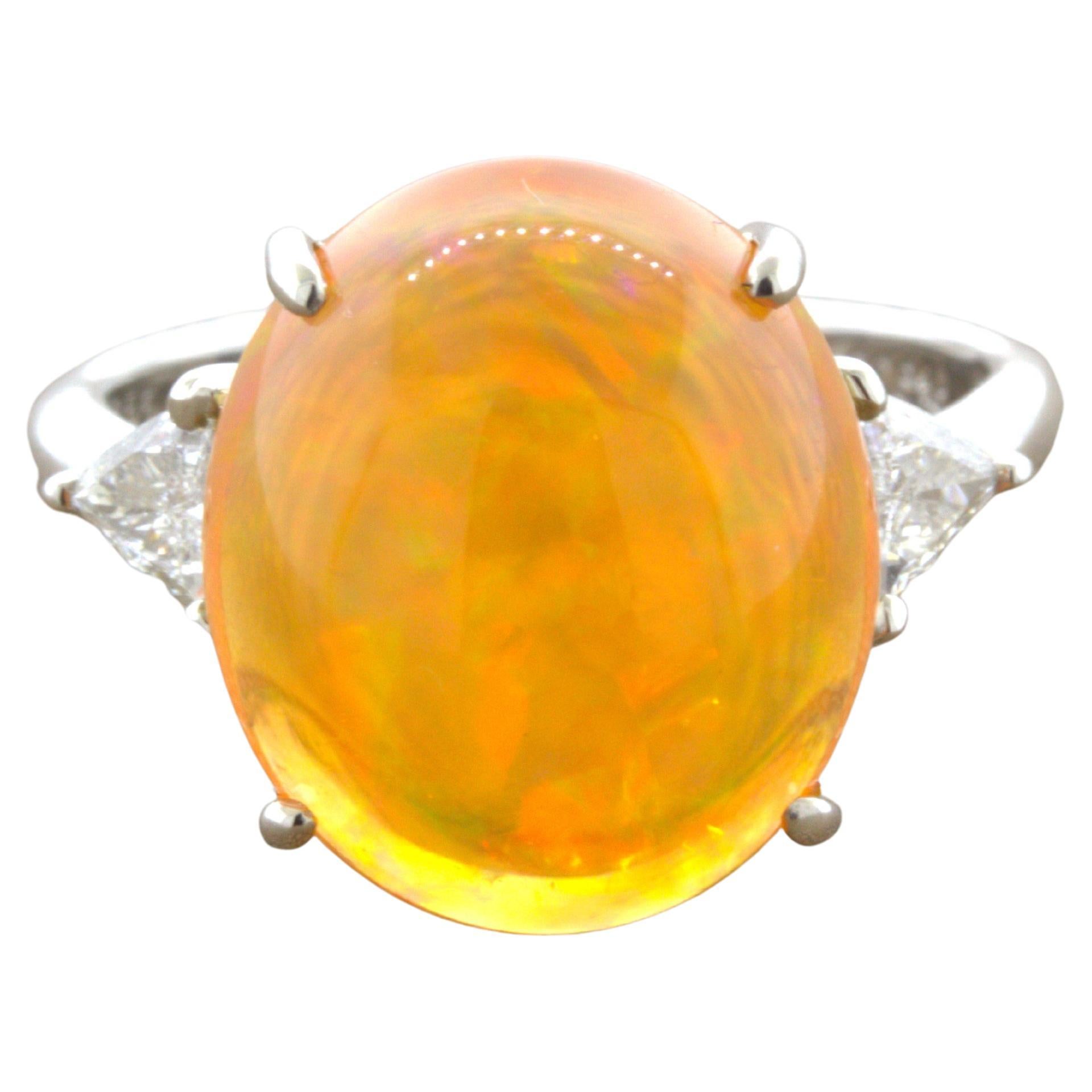 Mexican Fire Opal Diamond 3-Stone Platinum Ring For Sale at 1stDibs