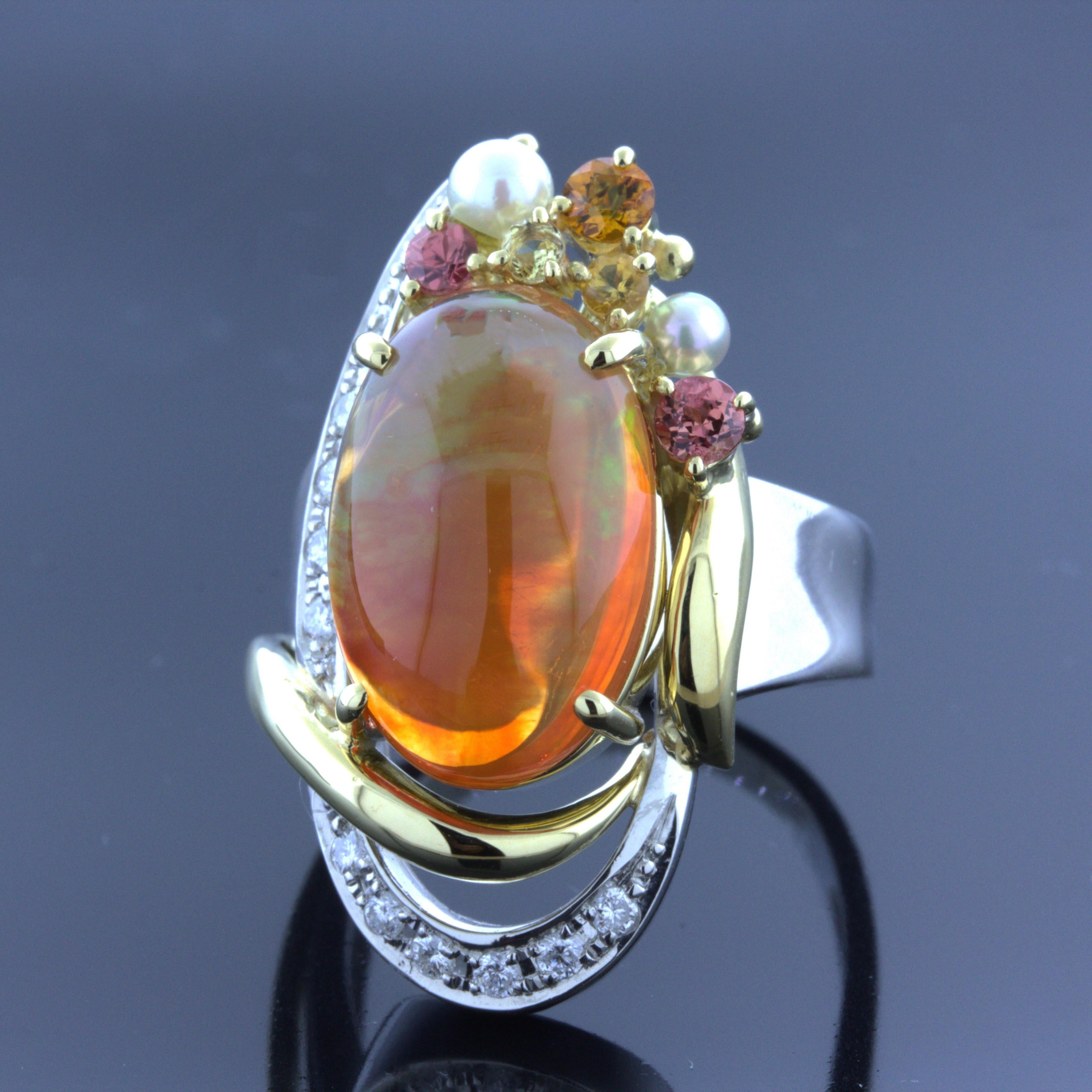Oval Cut Mexican Fire Opal Diamond Gemstone Platinum Ring For Sale