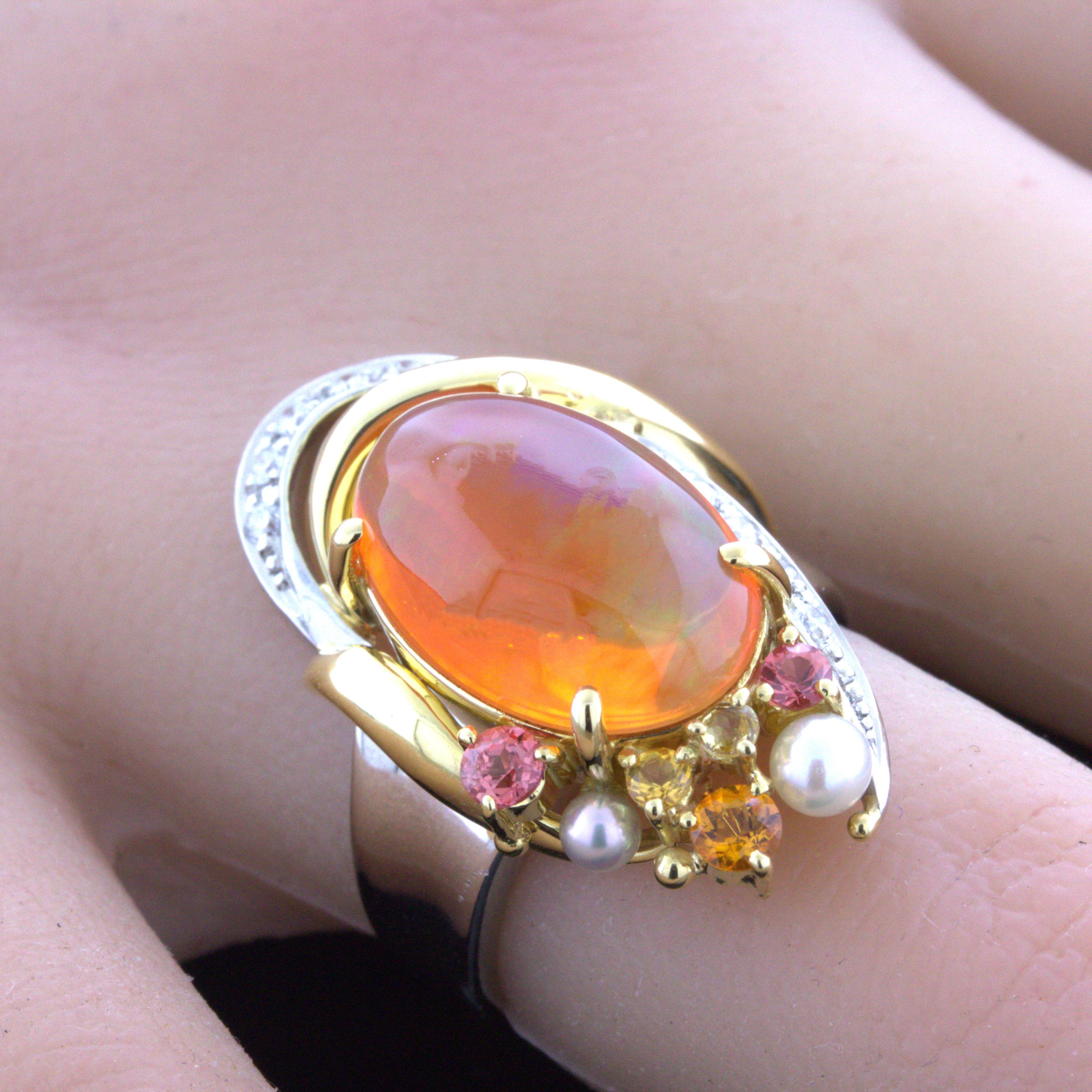 Mexican Fire Opal Diamond Gemstone Platinum Ring In New Condition For Sale In Beverly Hills, CA