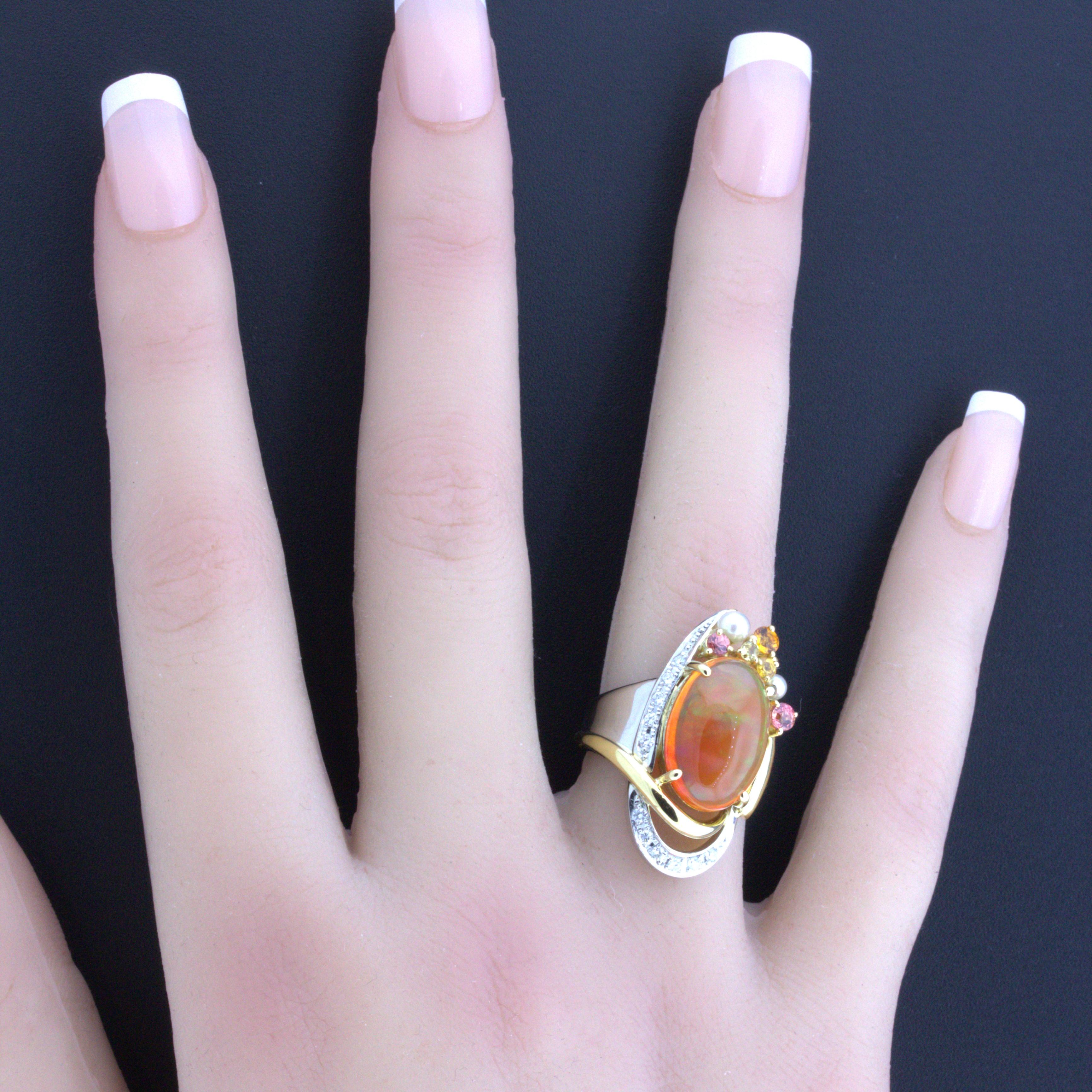 Women's Mexican Fire Opal Diamond Gemstone Platinum Ring For Sale