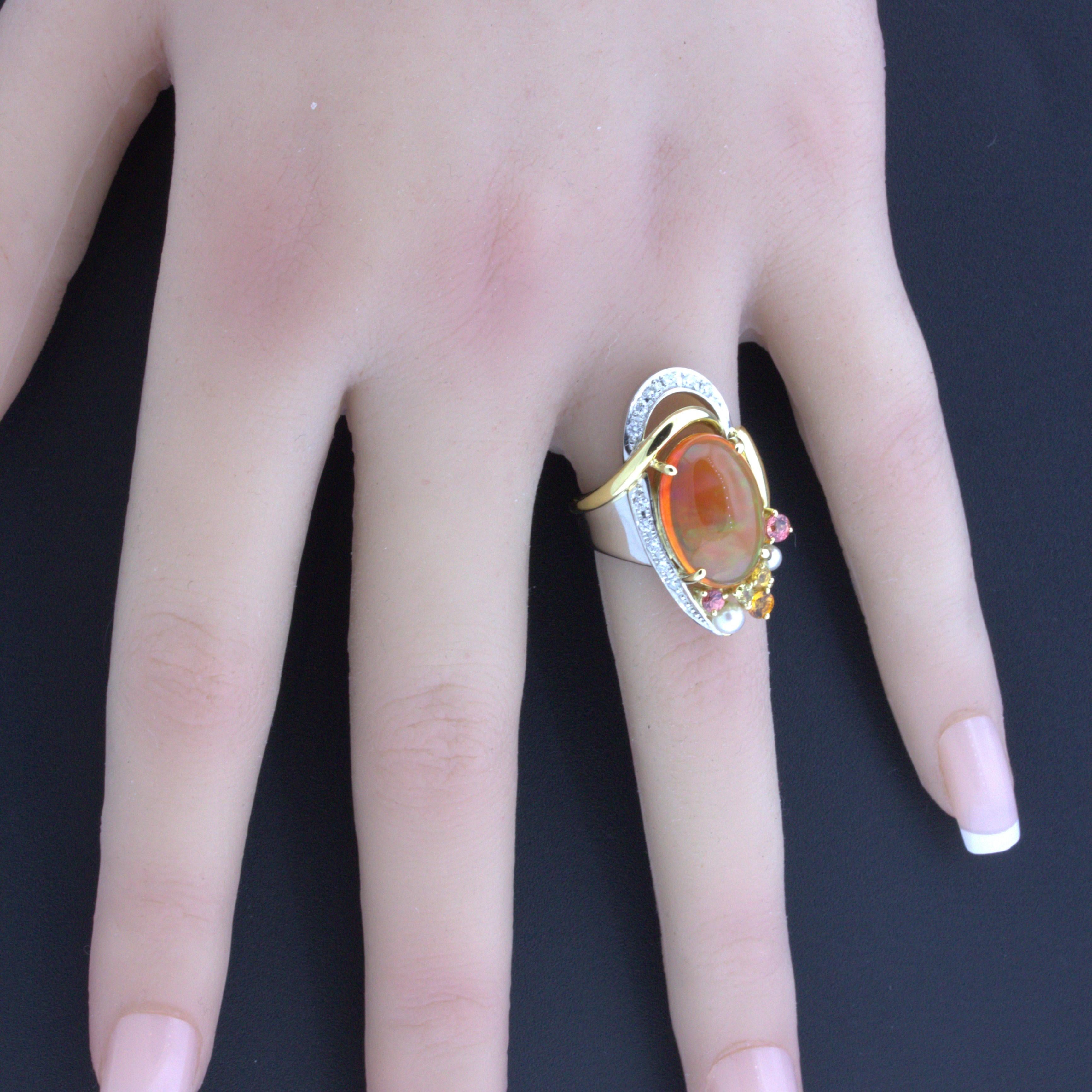 Oval Cut Mexican Fire Opal Diamond Gemstone Platinum Ring For Sale
