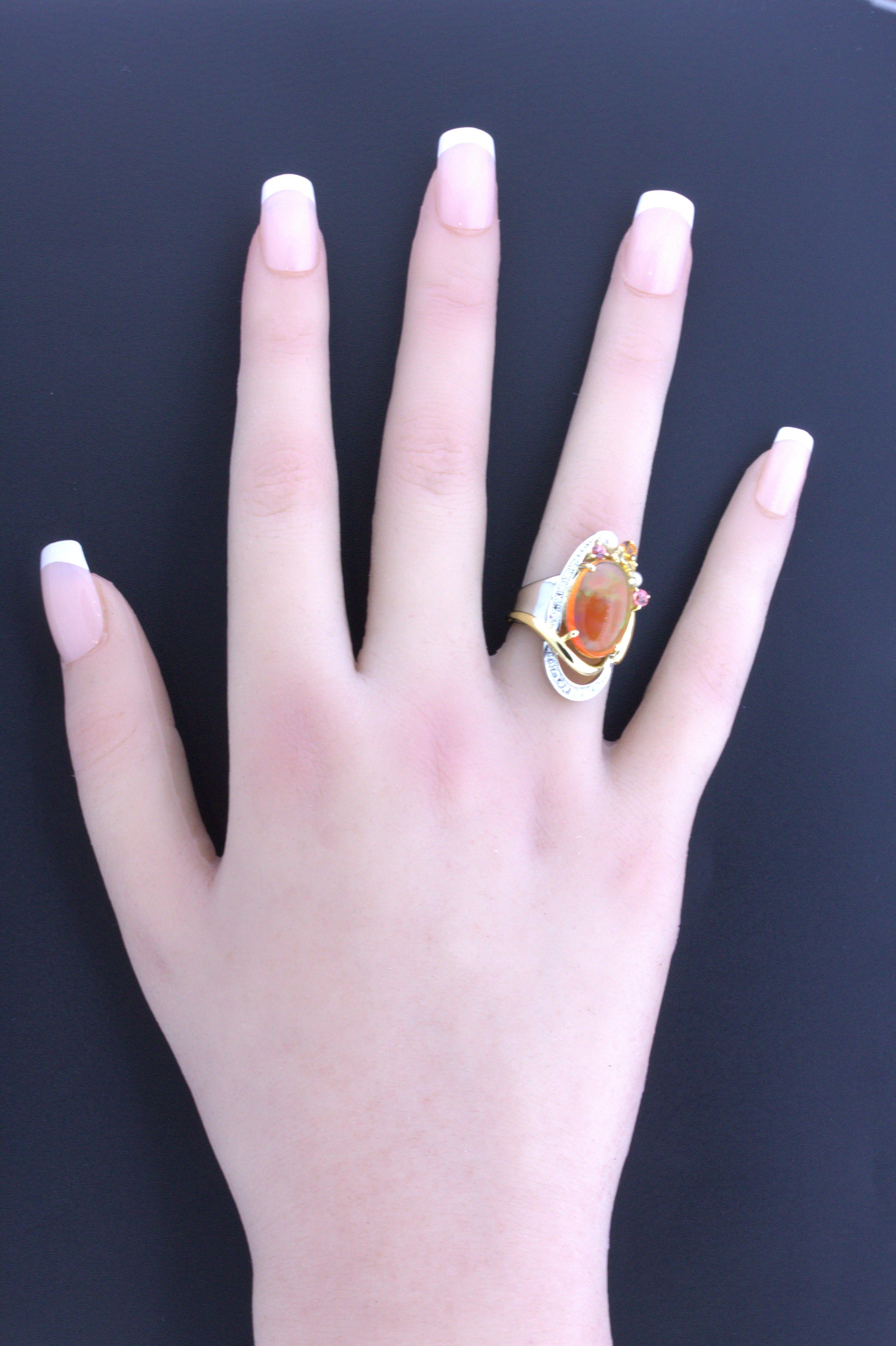 Mexican Fire Opal Diamond Gemstone Platinum Ring In New Condition For Sale In Beverly Hills, CA