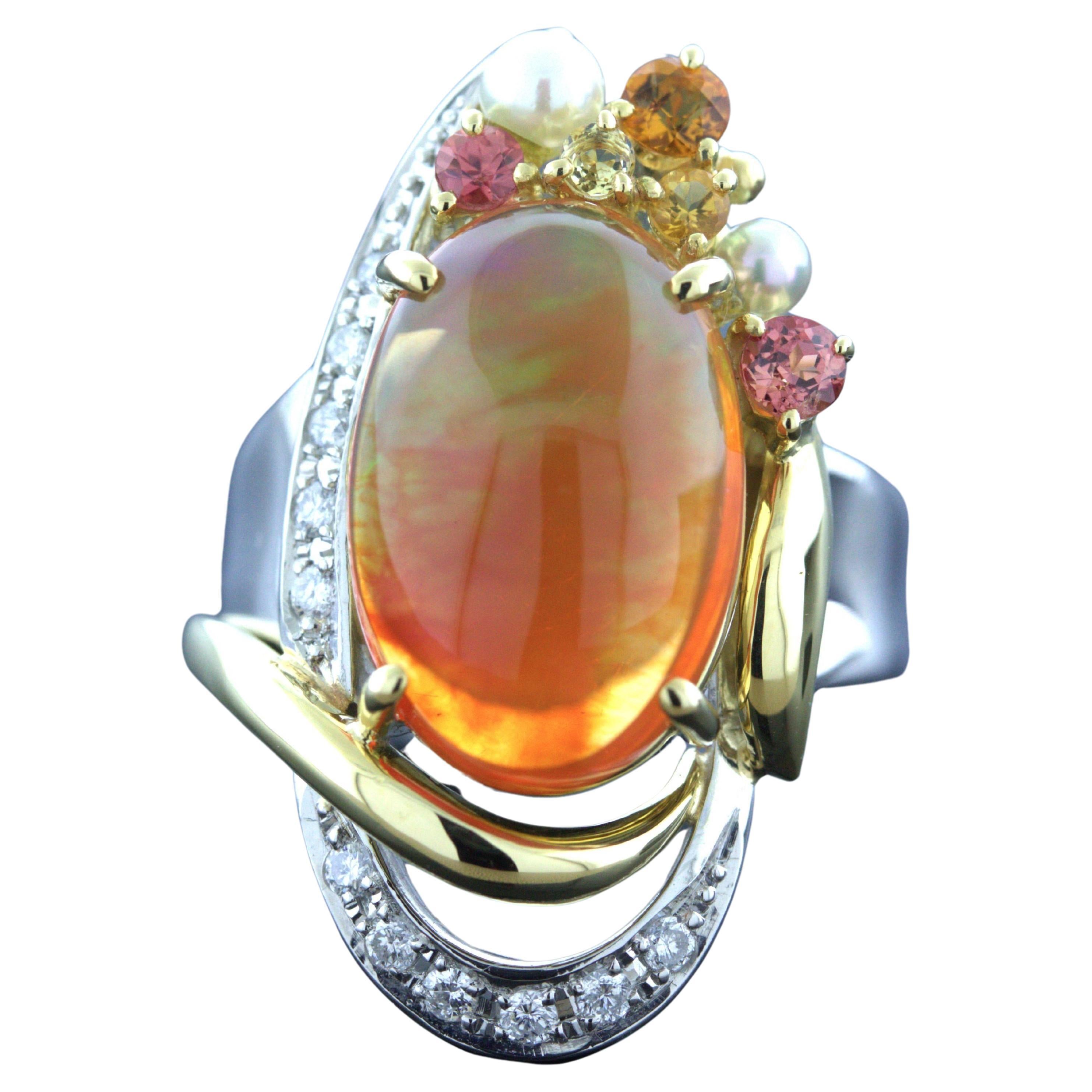 Mexican Fire Opal Diamond Gemstone Platinum Ring For Sale