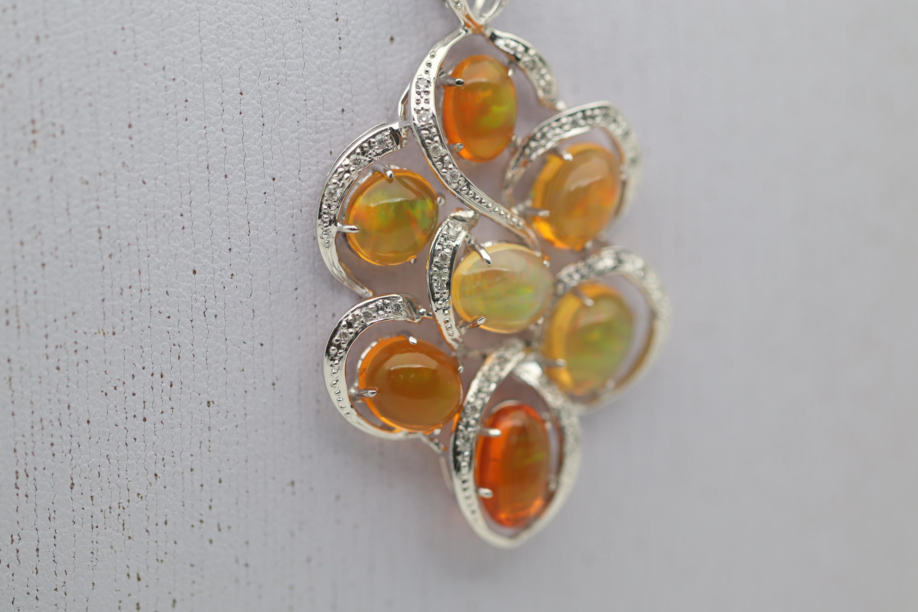 Mexican Fire Opal Diamond Gold Pendant In New Condition For Sale In Beverly Hills, CA