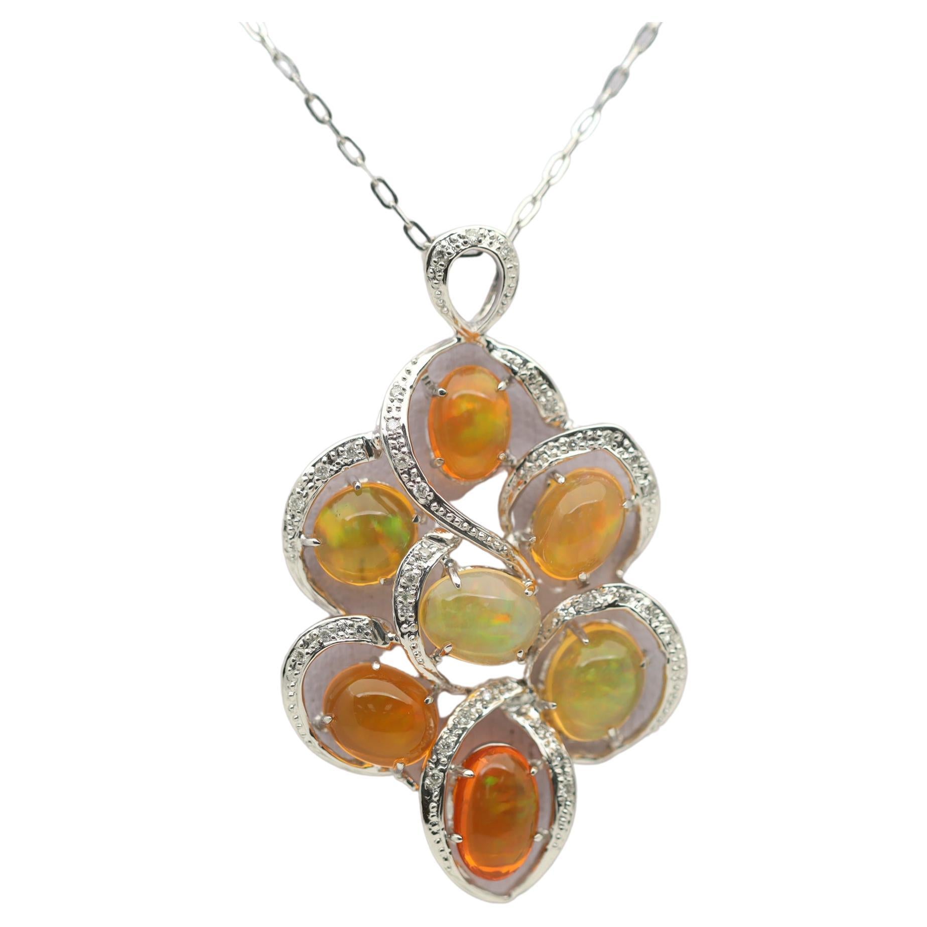 Mexican Fire Opal Diamond Gold Pendant For Sale