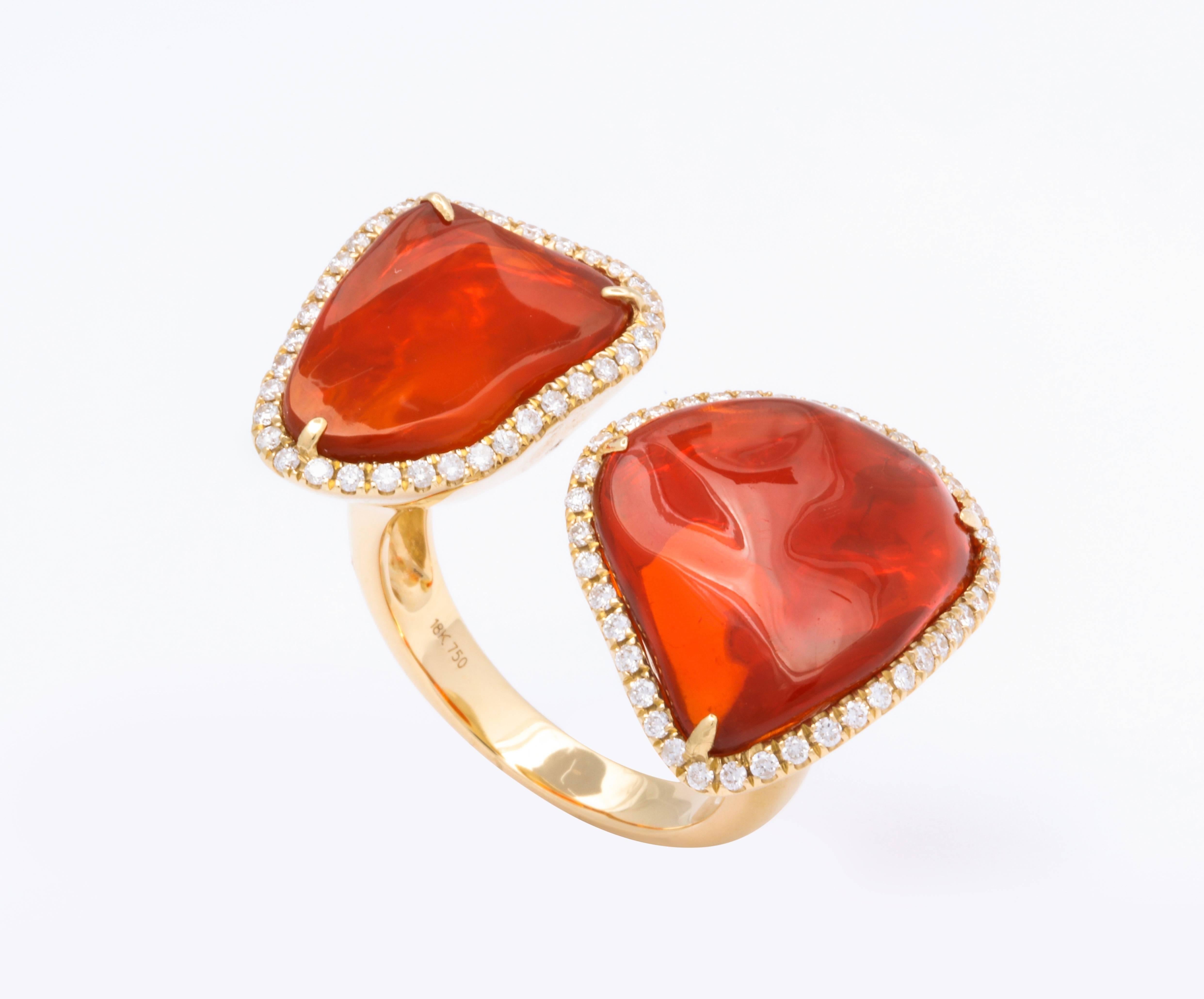 Women's or Men's Mexican Fire Opal Diamond Gold Twin Stone Ring