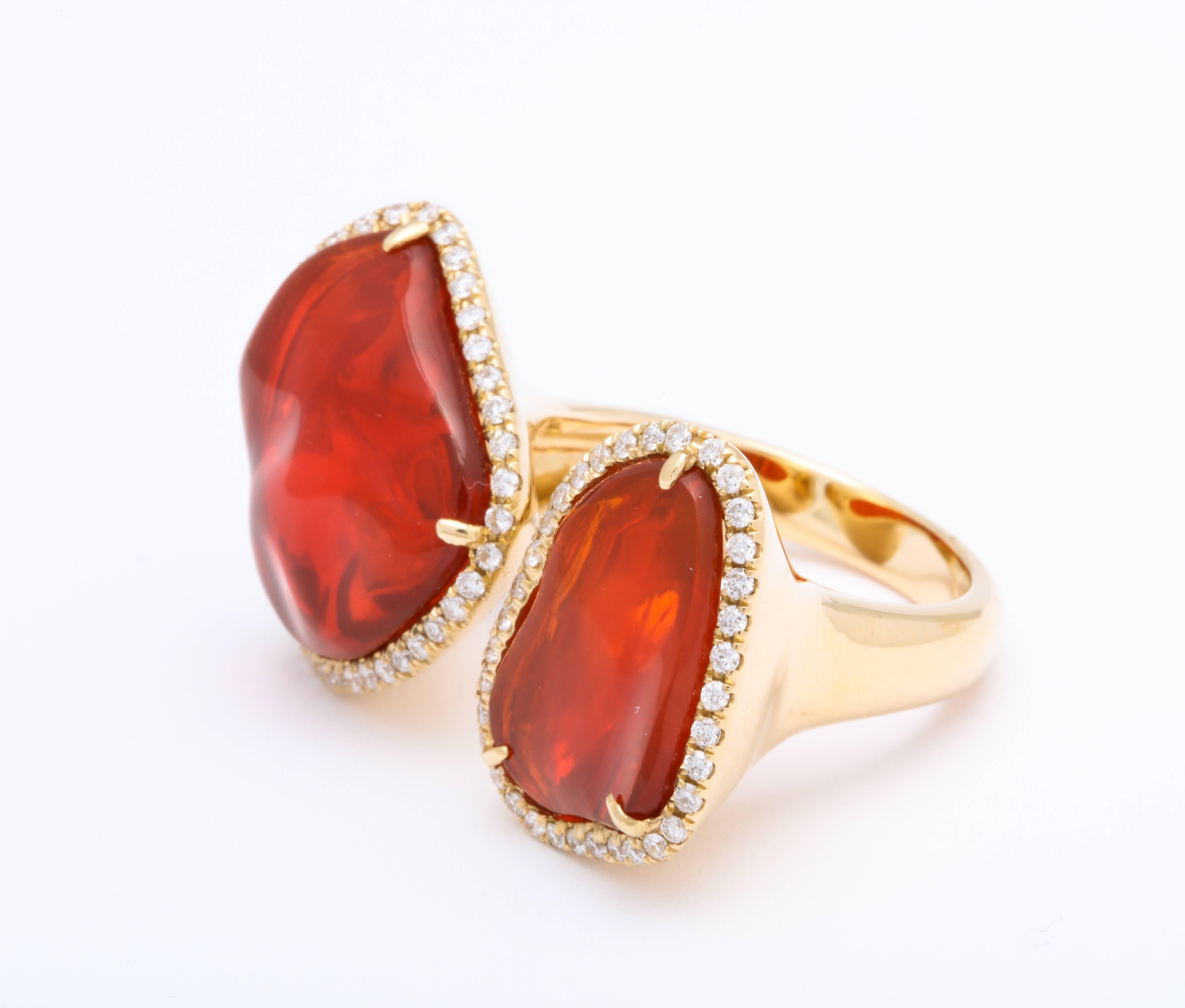 Mexican Fire Opal Diamond Gold Twin Stone Ring 1