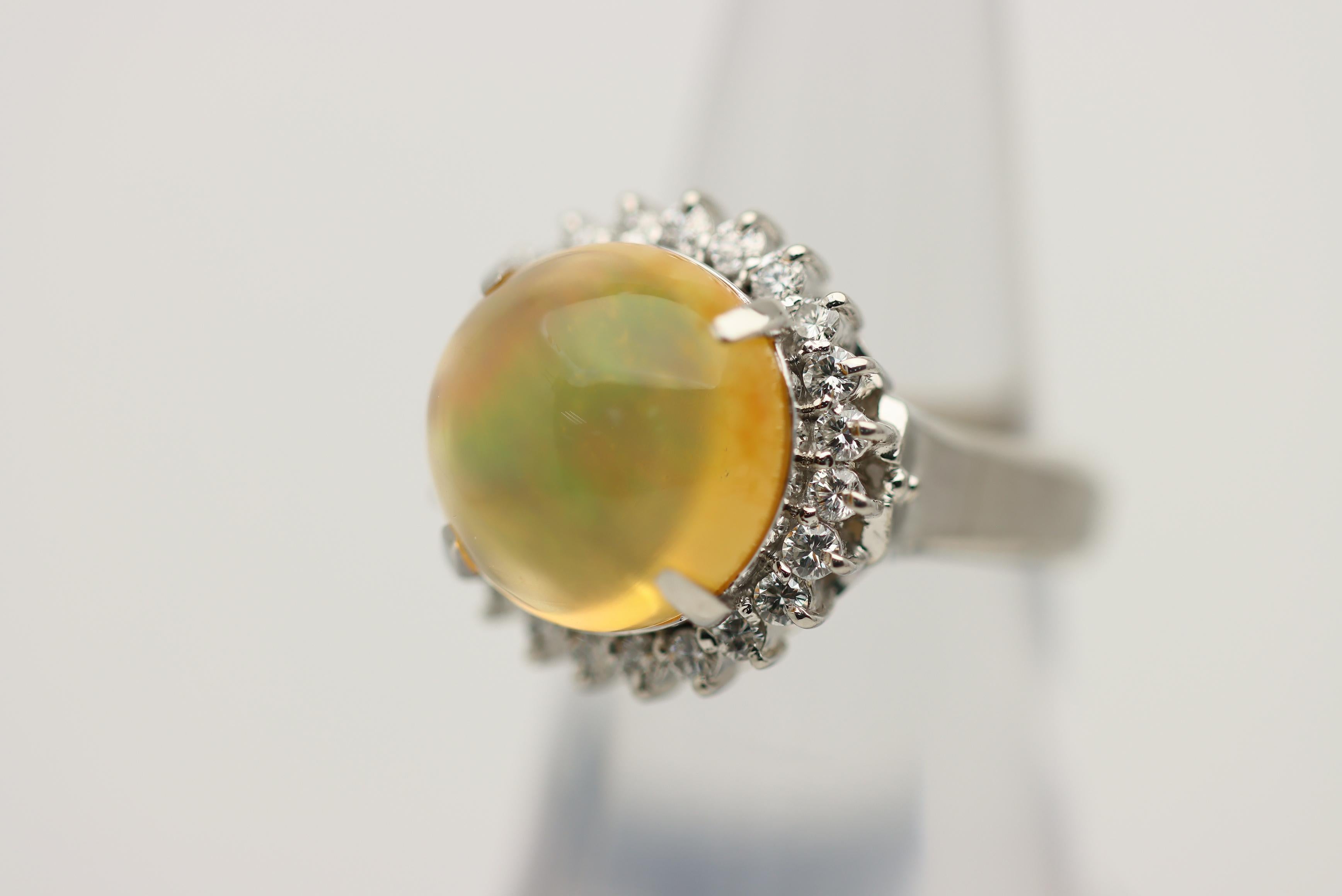 Mexican Fire Opal Diamond Halo Platinum Ring In New Condition For Sale In Beverly Hills, CA