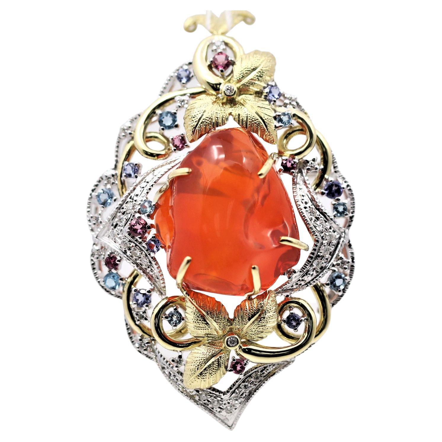 Mexican Fire Opal Diamond Multi-Color Gem Gold Pendant-Brooch For Sale