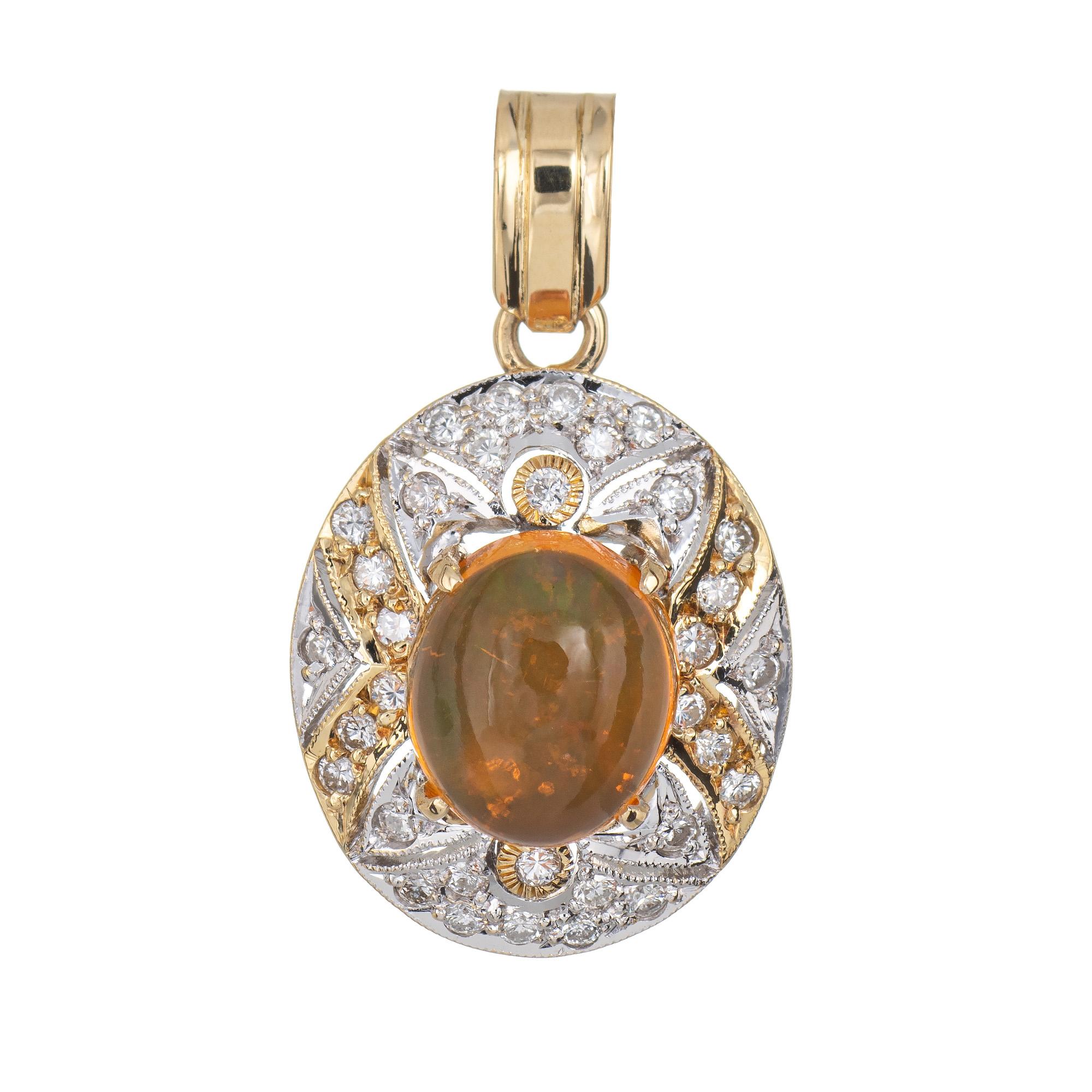 Oval Cut Mexican Fire Opal Diamond Pendant 14 Karat Yellow Gold Small Oval Jewelry For Sale