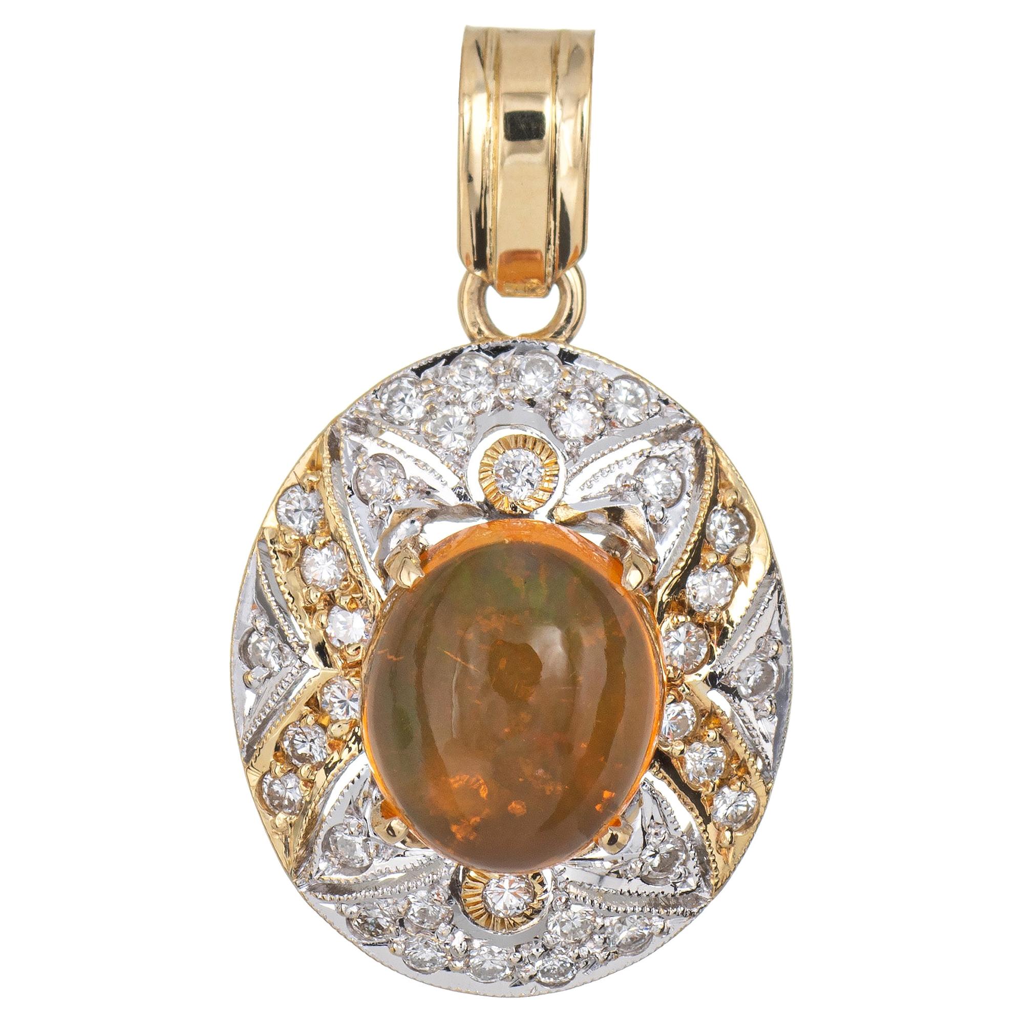 Mexican Fire Opal Diamond Pendant 14 Karat Yellow Gold Small Oval Jewelry For Sale