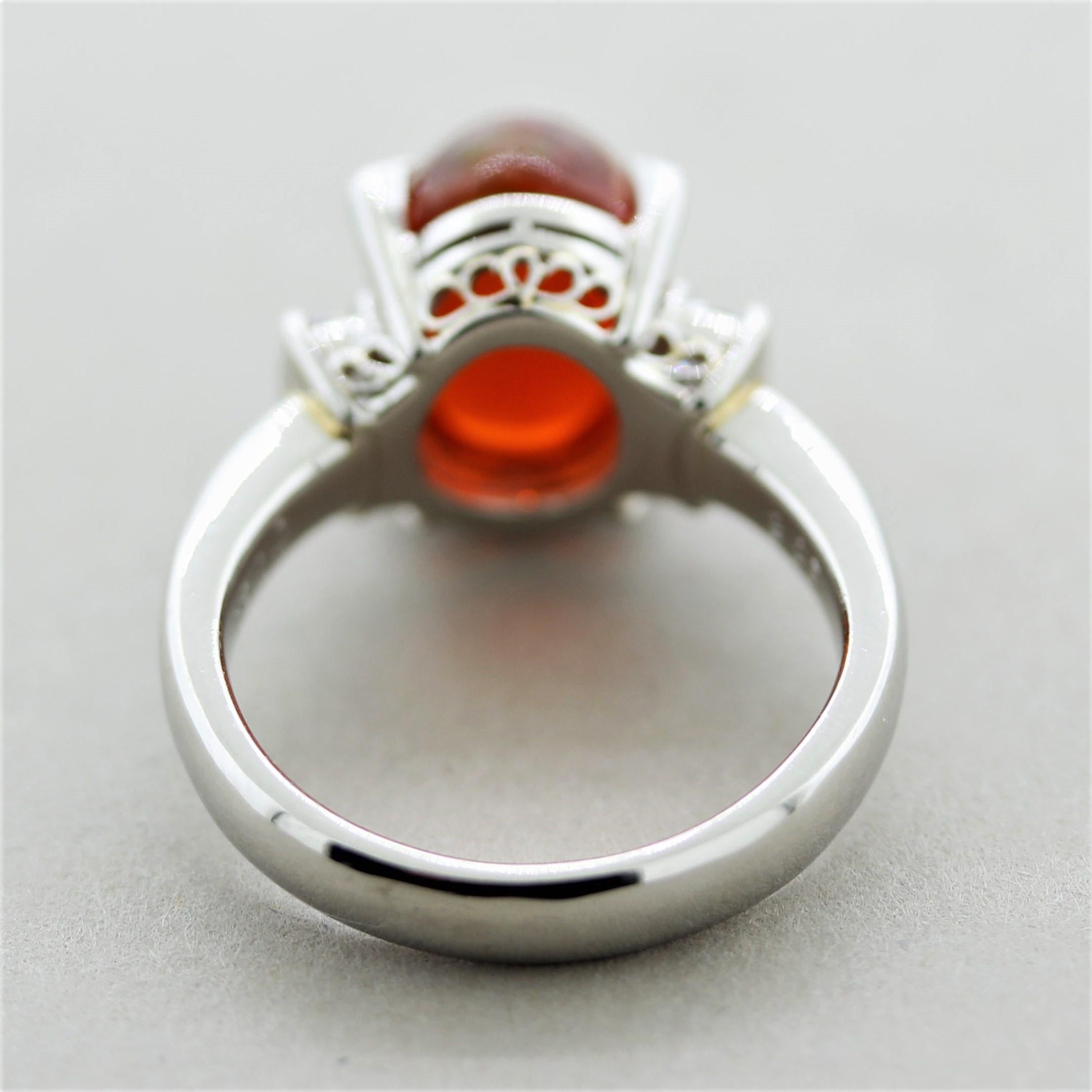 Mixed Cut Mexican Fire Opal Diamond Platinum 3-Stone Ring For Sale