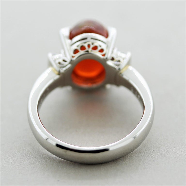 Bague En Platine PT900 Avec Opale De Feu Mexicaine Et Diamants - Taille 6.5 US (JPN 13) - Occasion - Bijou Exceptionnel