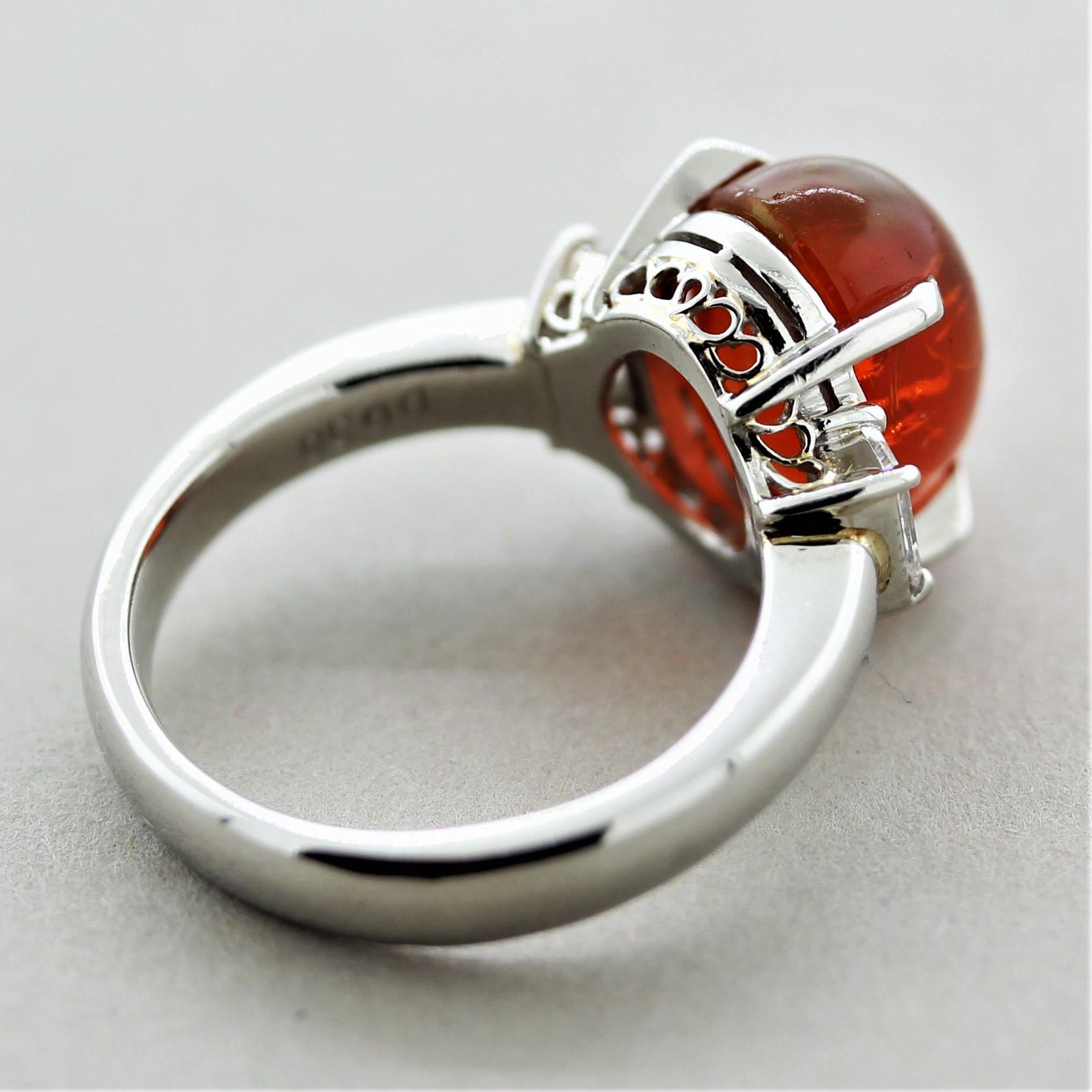 Mexican Fire Opal Diamond Platinum 3-Stone Ring In New Condition For Sale In Beverly Hills, CA