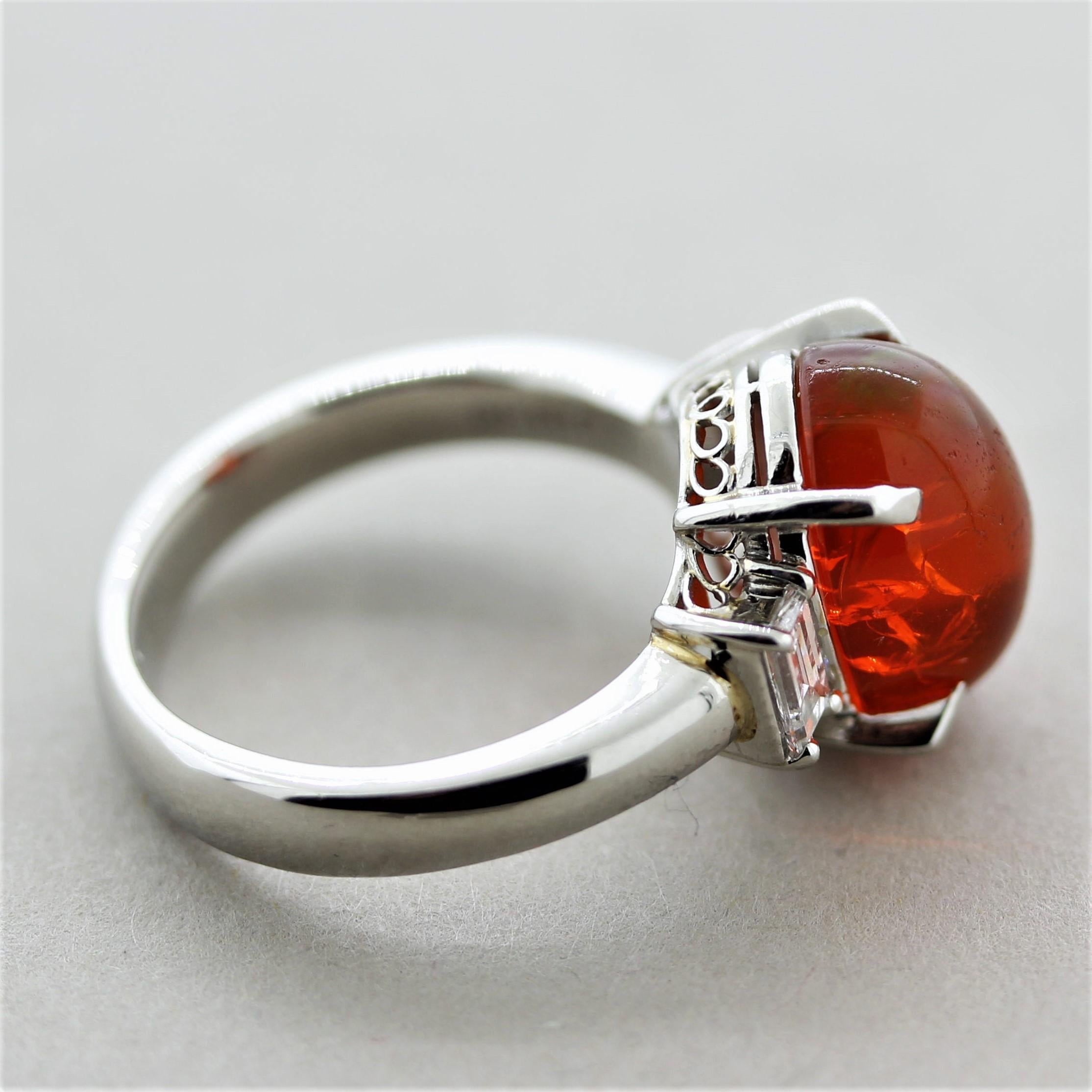 Women's Mexican Fire Opal Diamond Platinum 3-Stone Ring For Sale