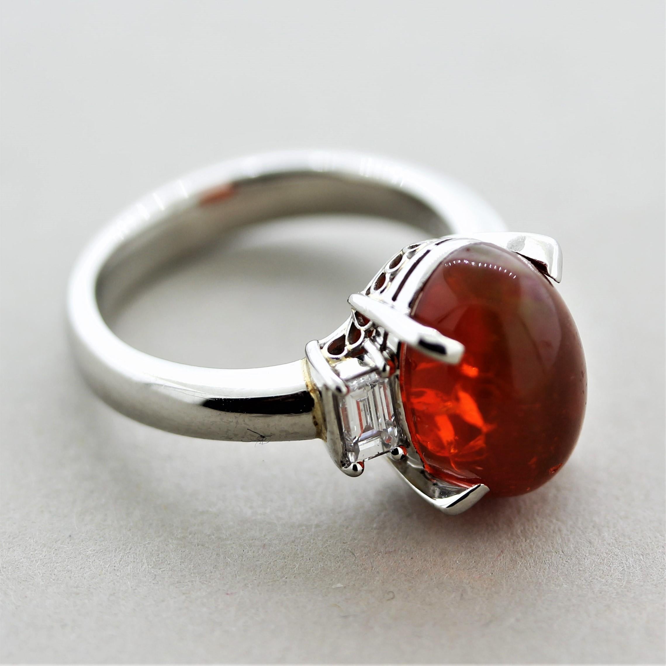 Mexican Fire Opal Diamond Platinum 3-Stone Ring For Sale 1