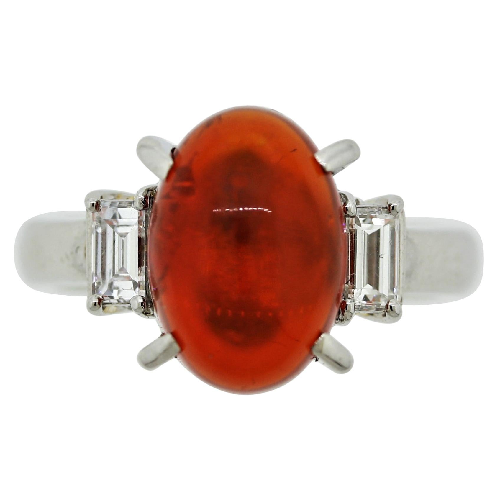 Mexican Fire Opal Diamond Platinum 3-Stone Ring For Sale