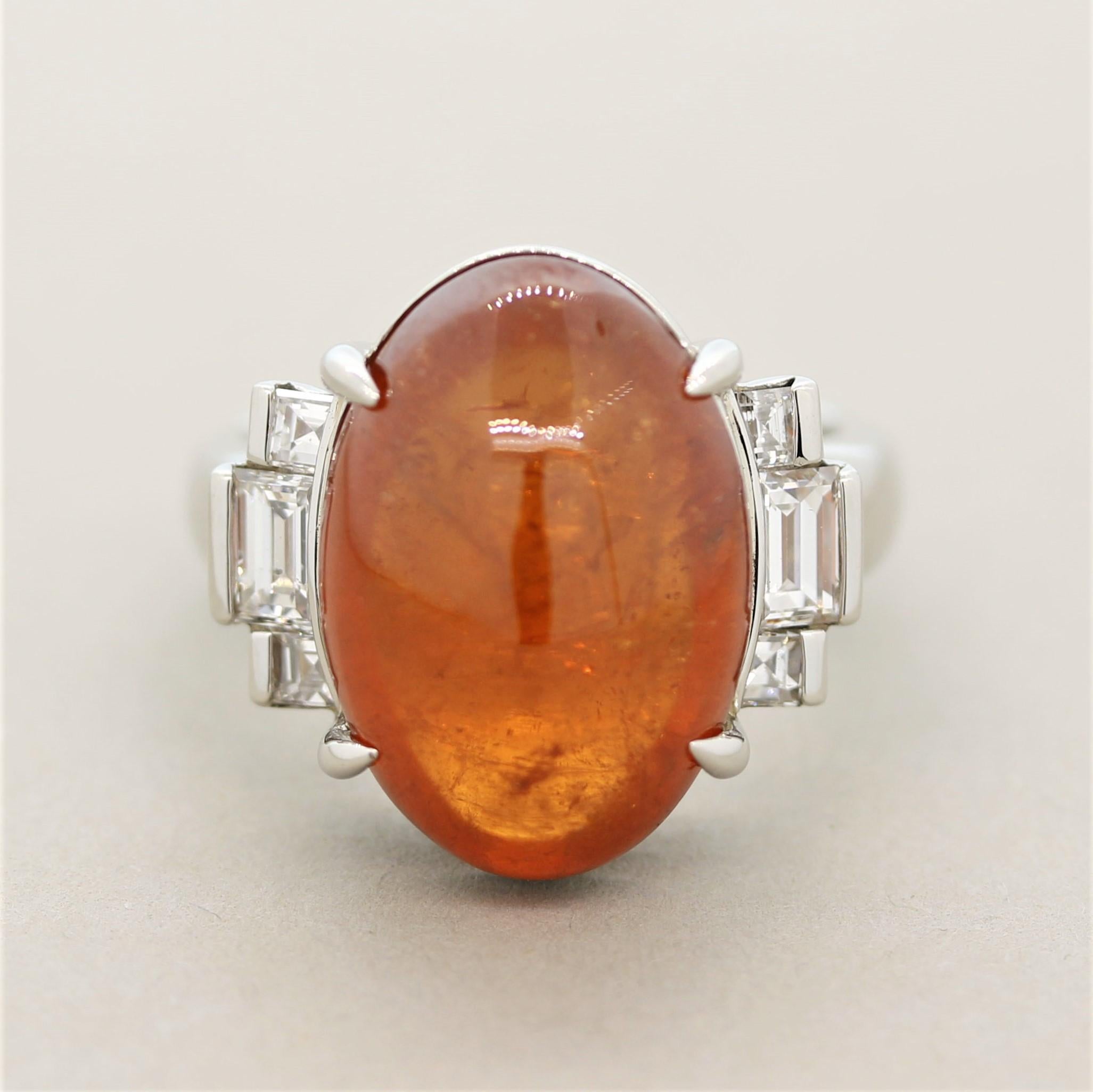 A simple yet chic ring featuring a 17.62 carat fire opal with a deep reddish-orange color. It is accented by 0.70 carats of square and rectangular shaped diamond set on the two sides of the opal. Hand-fabricated in platinum.

Ring Size 6.25