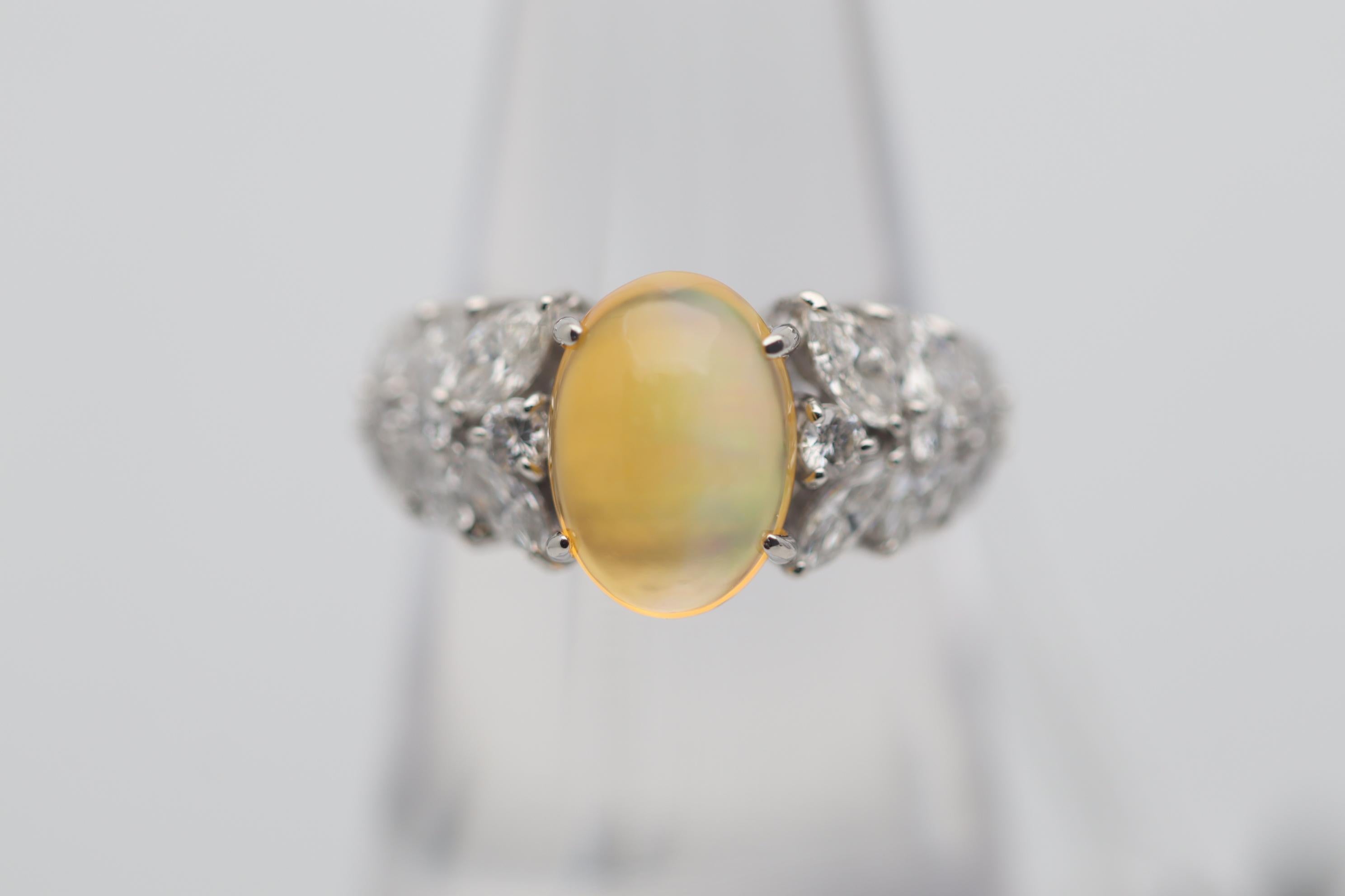 Cabochon Mexican Fire Opal Diamond Platinum Ring For Sale