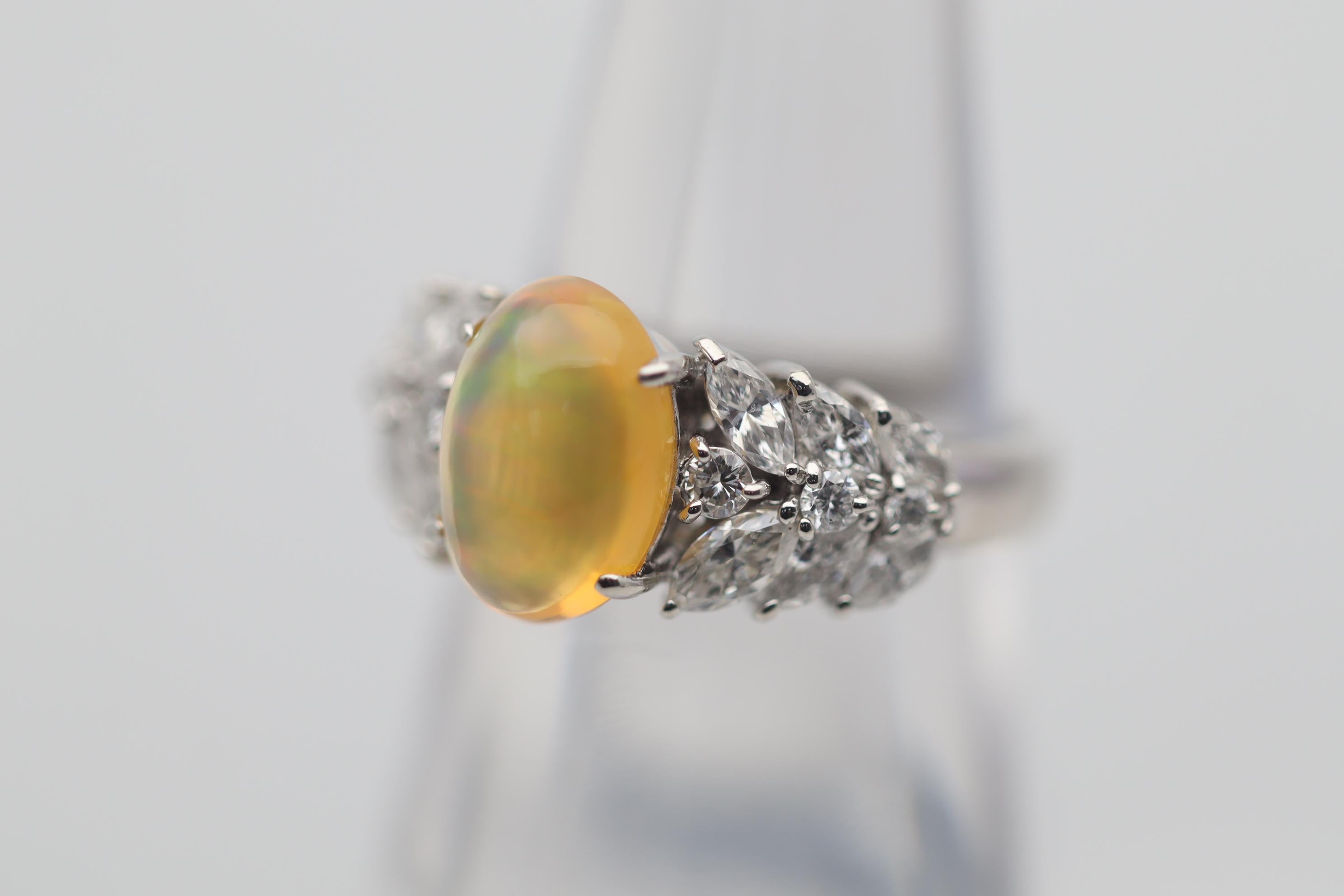 Mexican Fire Opal Diamond Platinum Ring In New Condition For Sale In Beverly Hills, CA