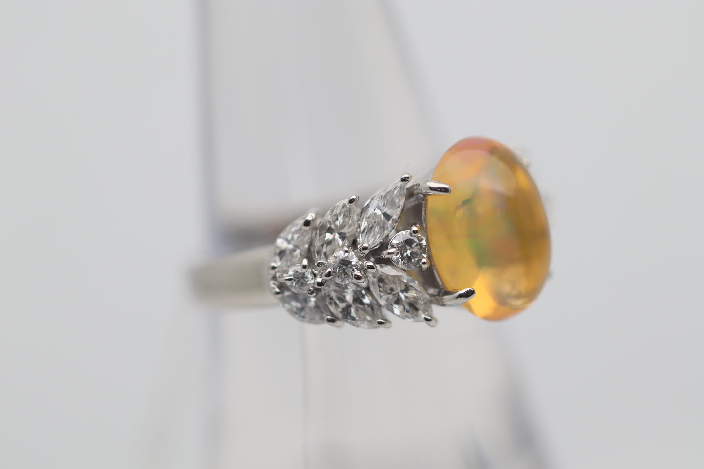 Women's Mexican Fire Opal Diamond Platinum Ring For Sale