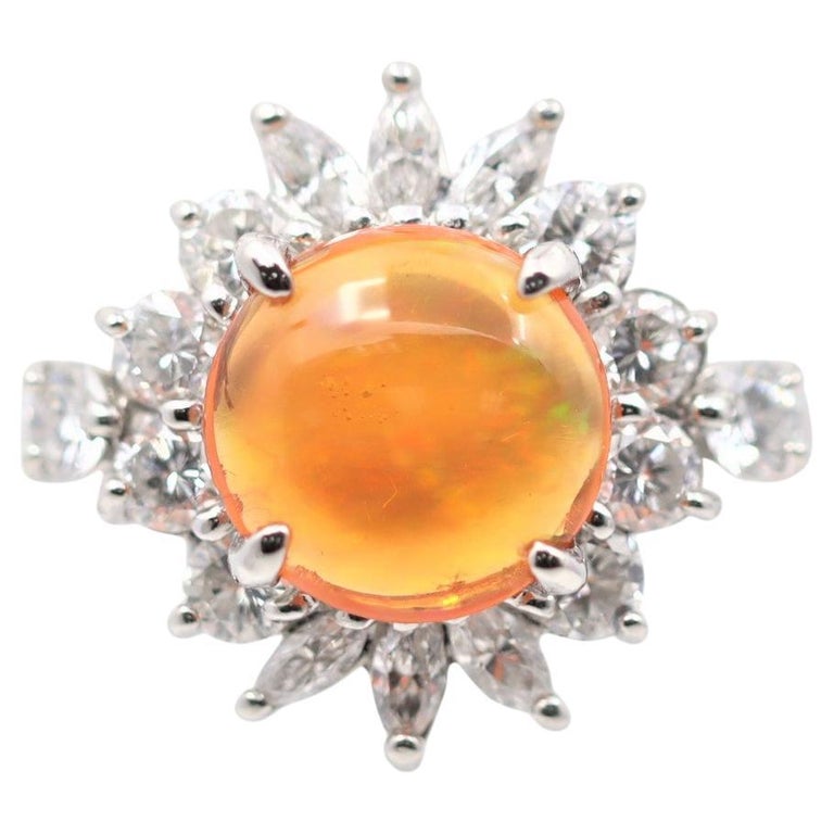 Bague En Platine PT900 Avec Opale De Feu Mexicaine Et Diamants - Taille 6.5 US (JPN 13) - Occasion - Bijou Exceptionnel