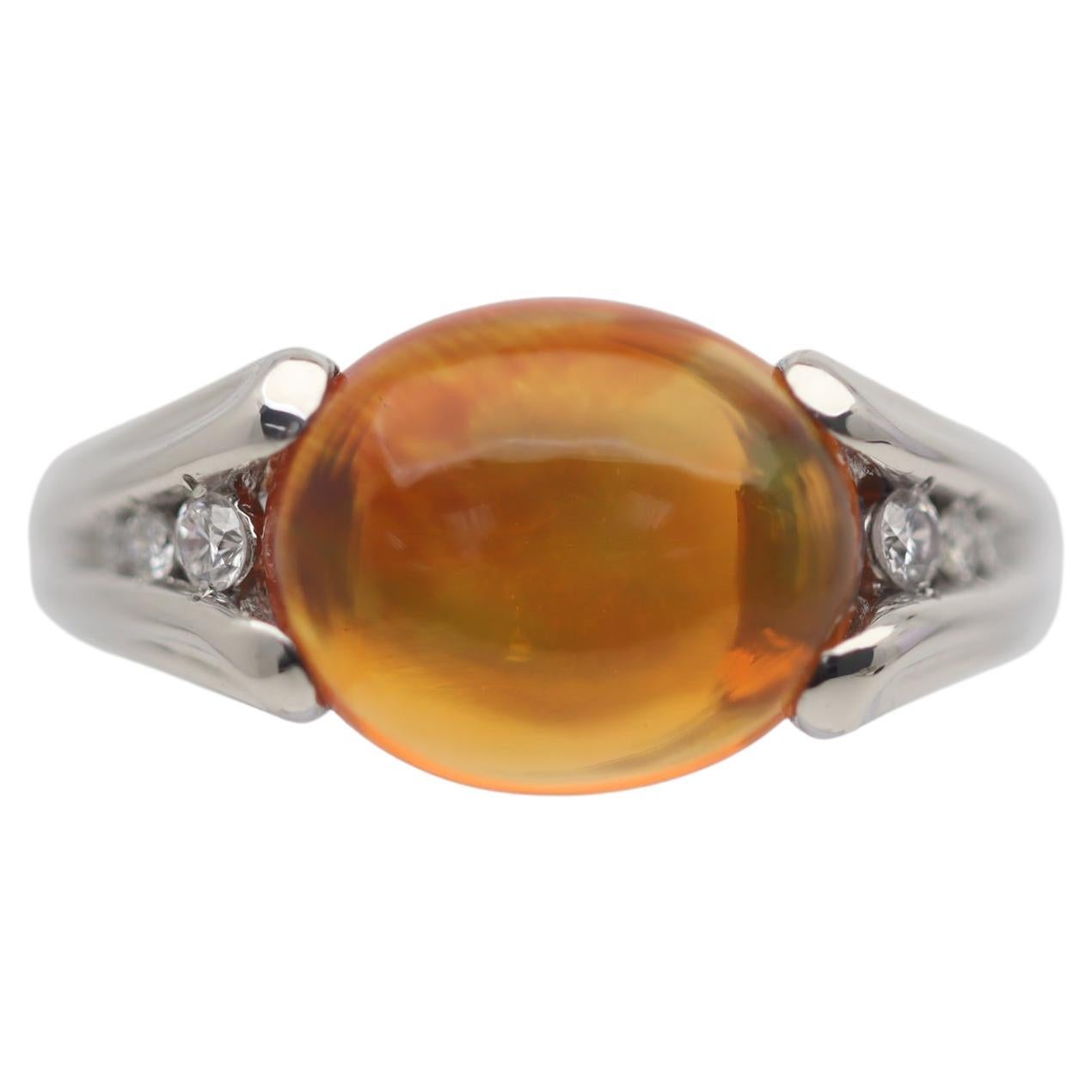 Mexican Fire Opal Diamond Platinum Ring For Sale