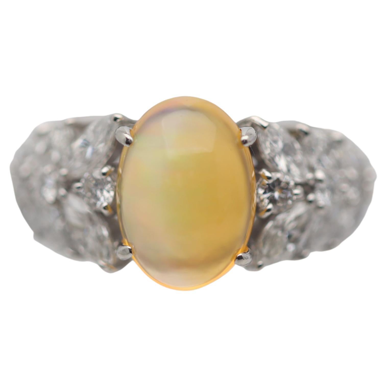 Mexican Fire Opal Diamond Platinum Ring For Sale