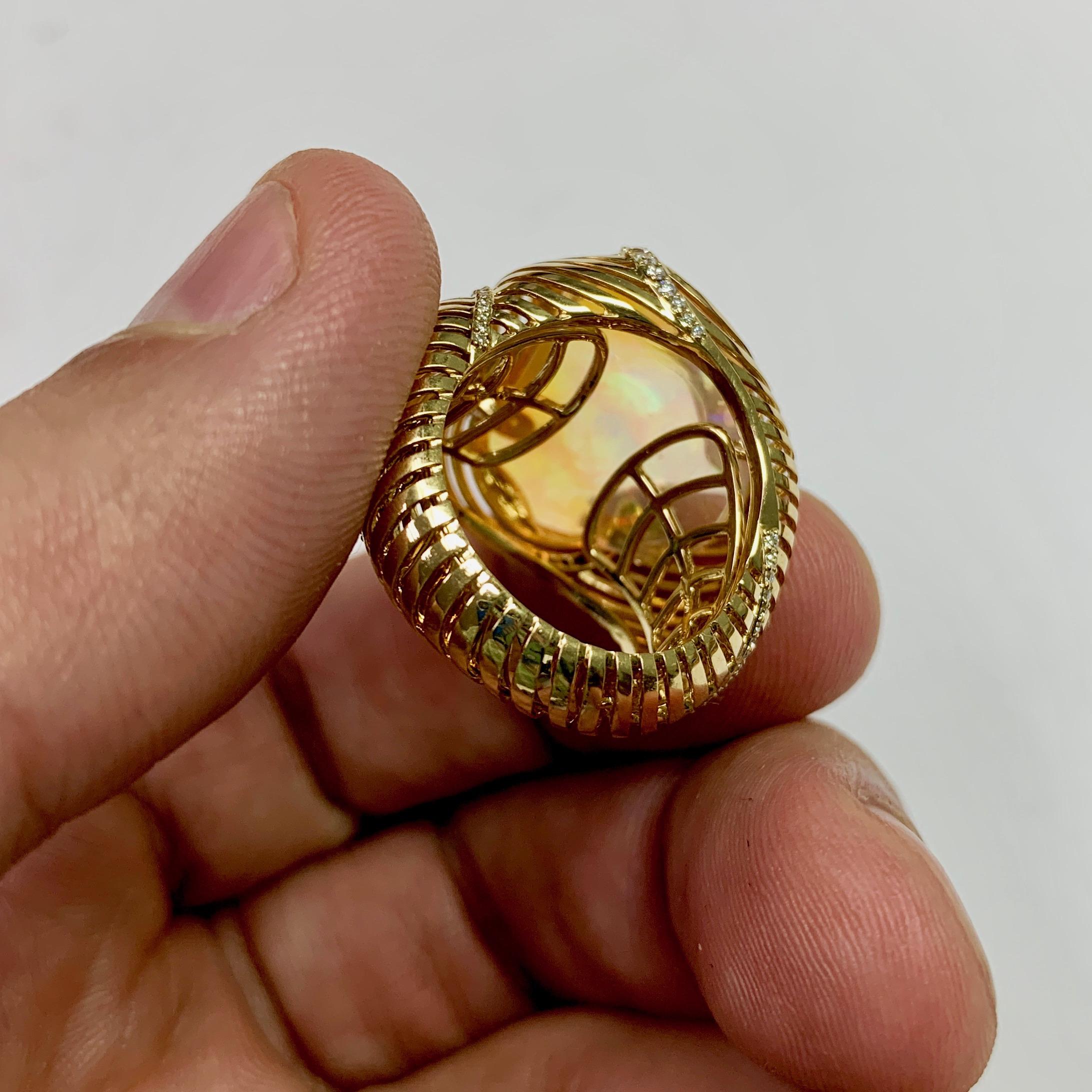Sugarloaf Cabochon Mexican Fire Opal Diamonds White 18 Karat Yellow Gold Ring