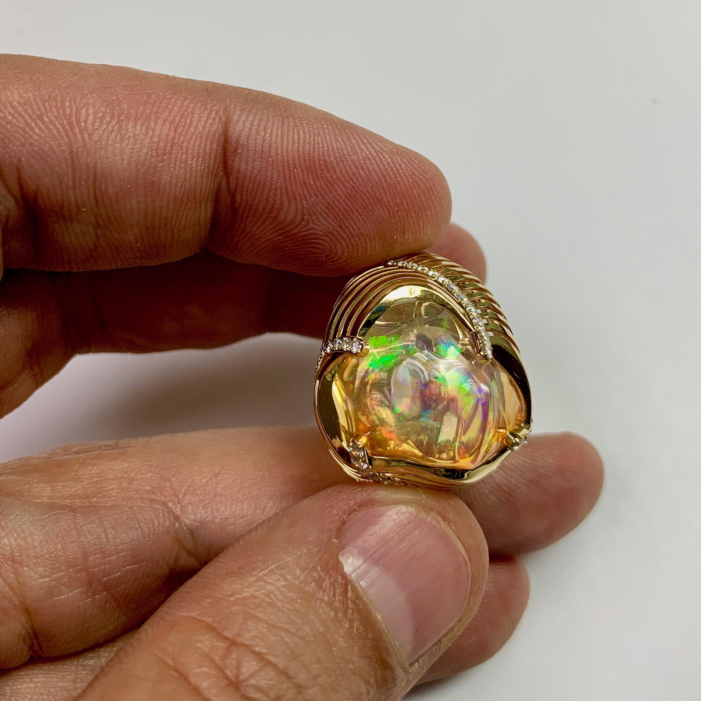 Mexican Fire Opal Diamonds White 18 Karat Yellow Gold Ring In Excellent Condition For Sale In Bangkok, TH