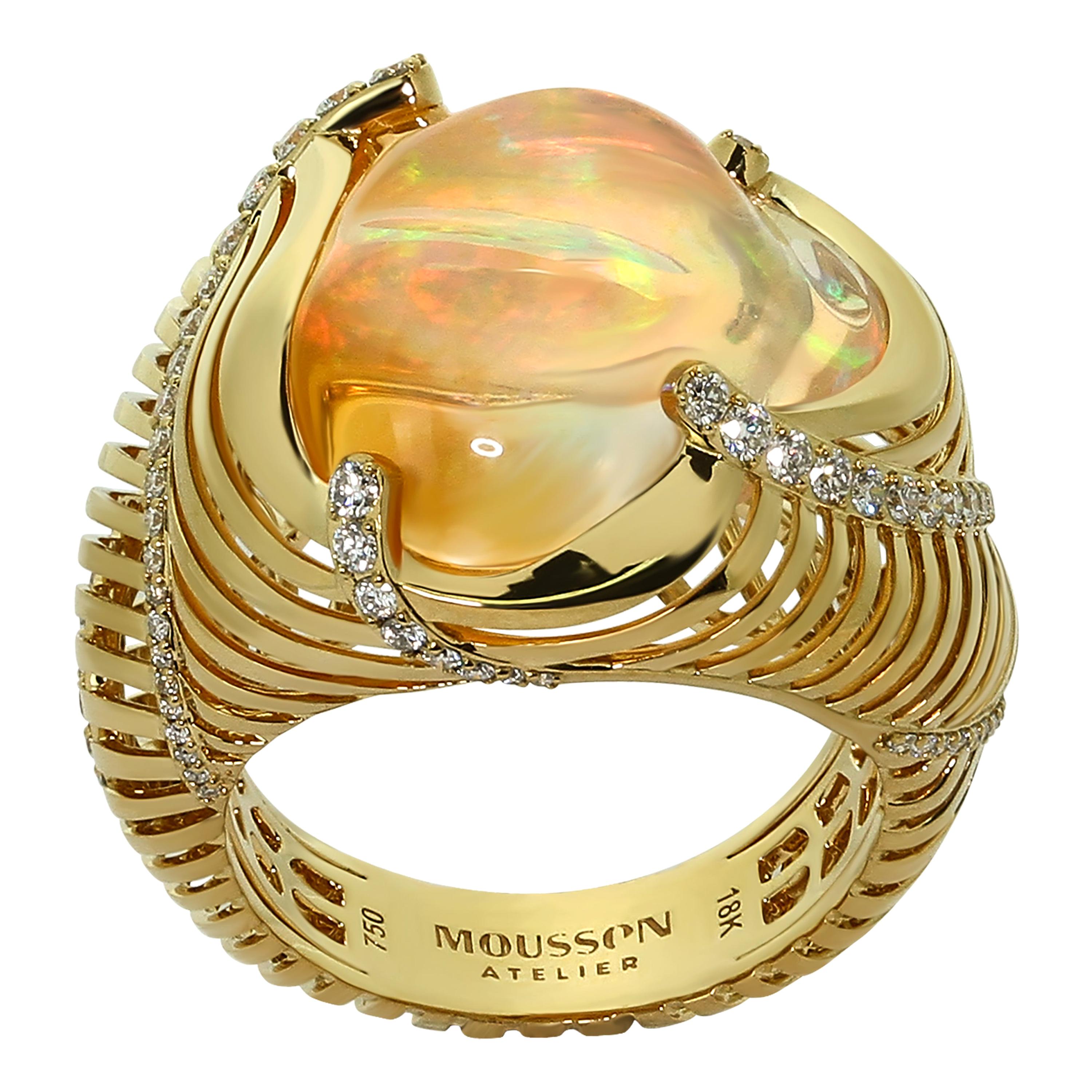 Mexican Fire Opal Diamonds White 18 Karat Yellow Gold Ring For Sale